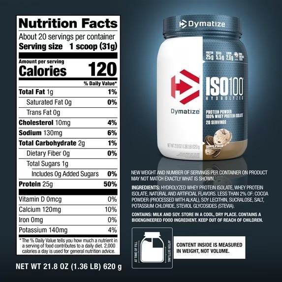 Dymatize ISO100 Hydrolyzed Whey Isolate Protein Powder Cookies Cream 20 Serving