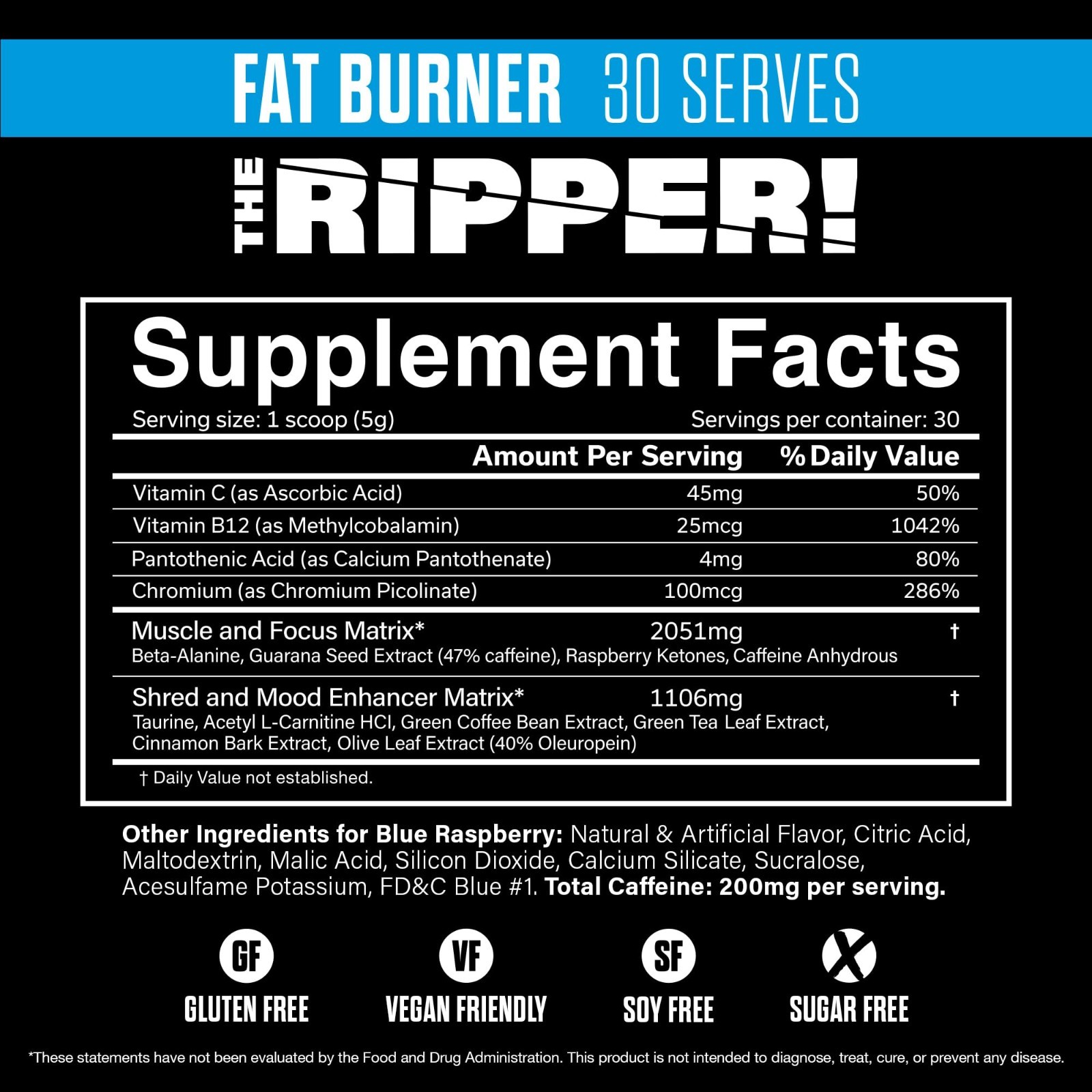 Thermogenic Fat Burner Powder – Pre Workout Drink Mix, Blue Raspberry, 30 Servin