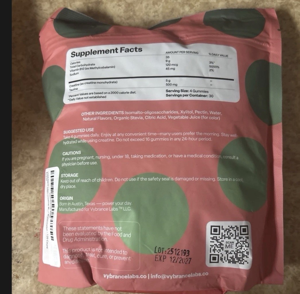 Vybrance Labs Creatine Monohydrate Gummies Watermelon 120 Vegan Sugar-Free