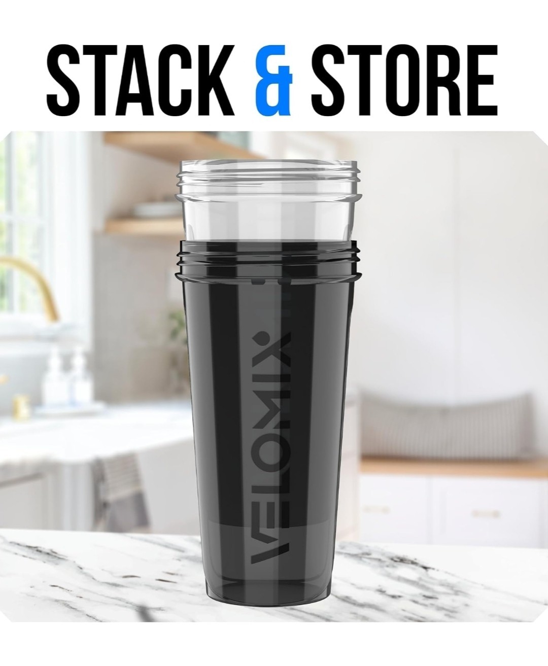 VELOMIX 2 Pack 28oz Protein Shaker Bottle for Protein Mixes, Black / Transparent