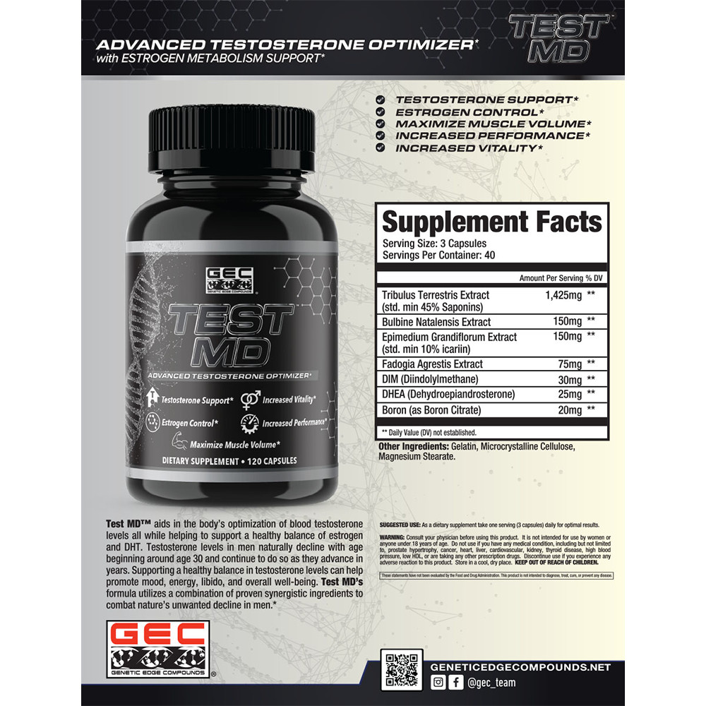 GEC Genetic Edge Compounds Test MD Natural Testosterone Support 120 Capsules NEW