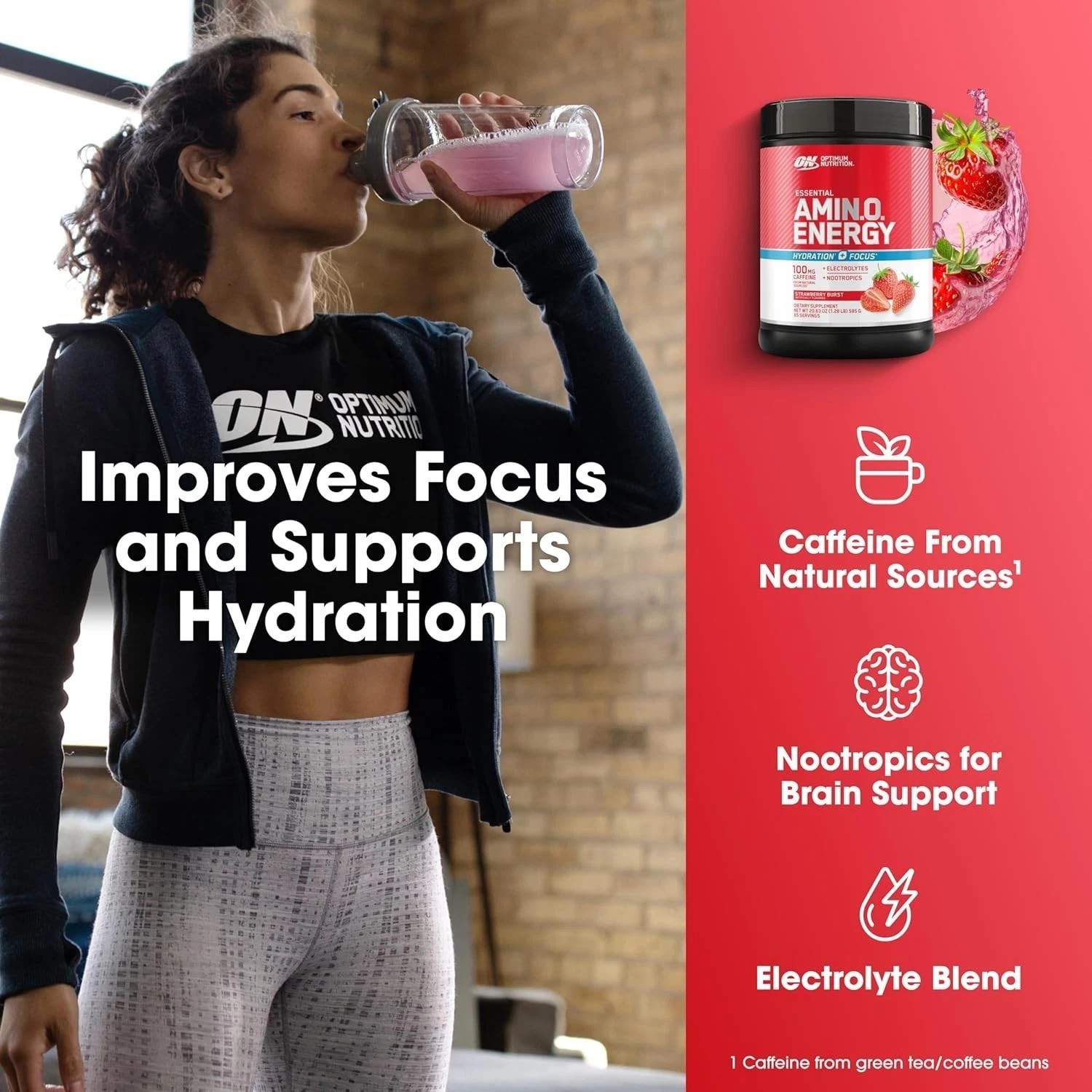 Amino Energy Powder Plus Focus, with BCAA, Electrolytes, and Caffeine, Strawb…