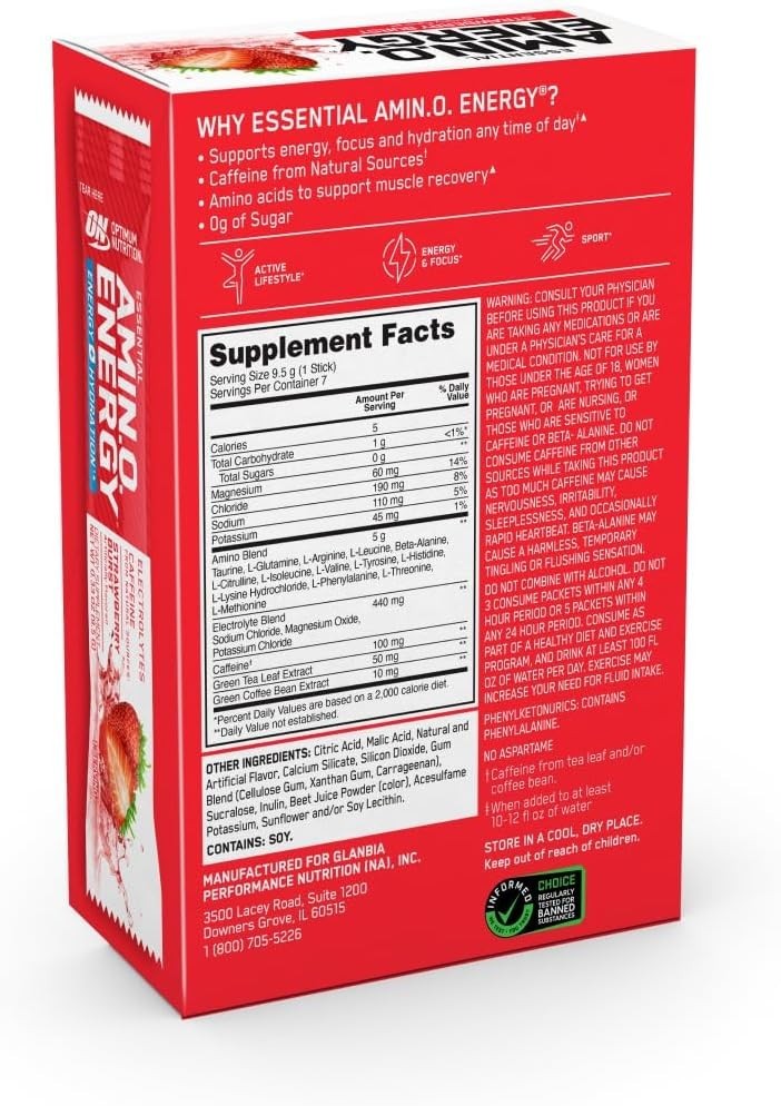 Optimum Nutrition Essential Amino Energy Plus – 7 Pack Strawberry Electrolytes