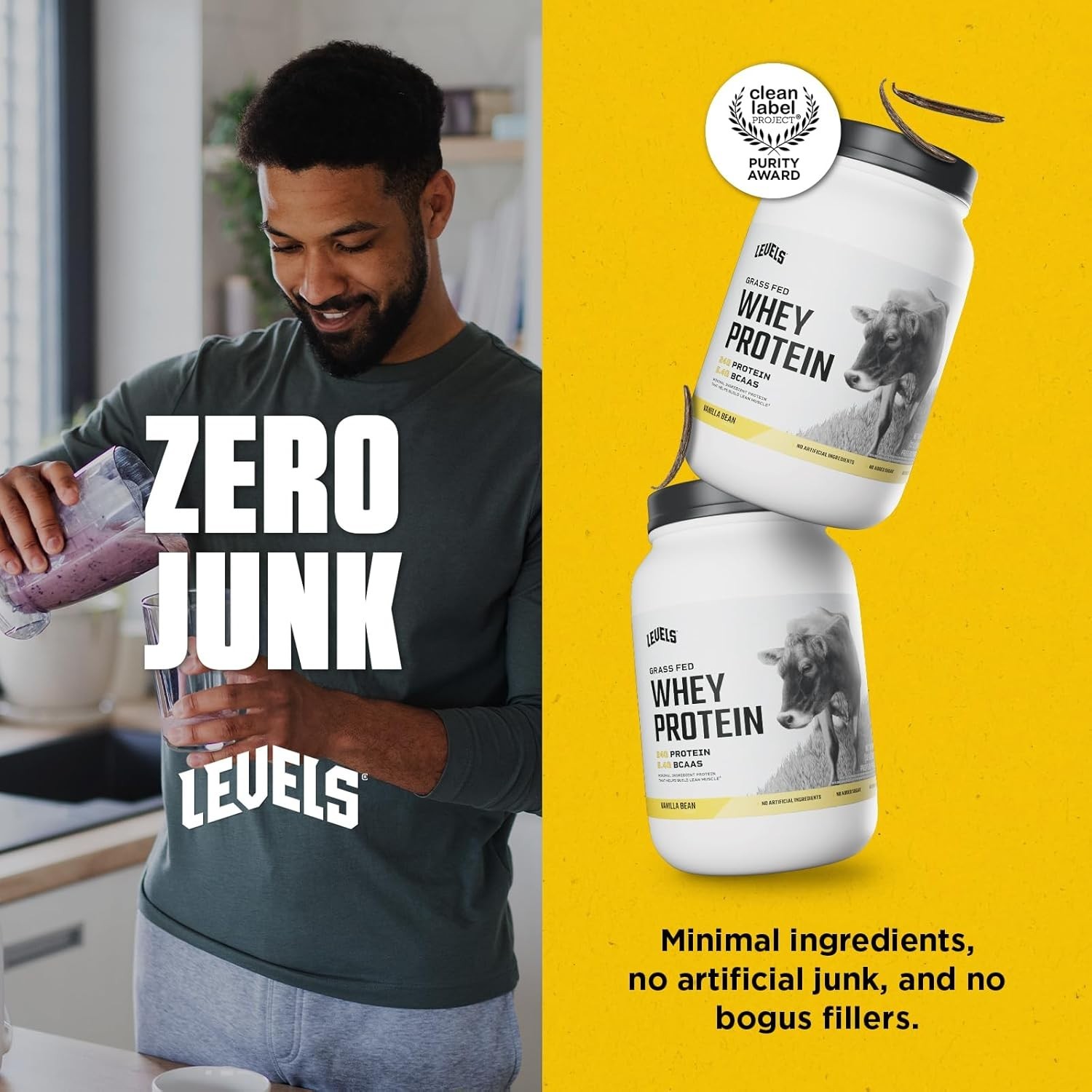 Levels Grass Fed Whey Protein Powder, No Artificials, 24G of Protein, Vanilla Be