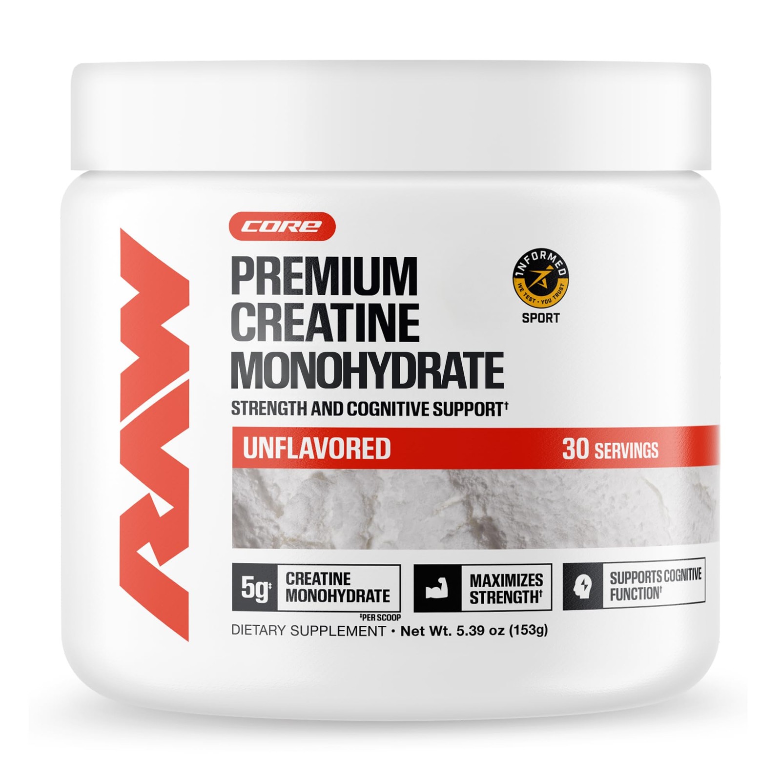 RAW Nutrition Creatine Monohydrate Powder, Unflavored 5.3 Ounce (Pack of 1)