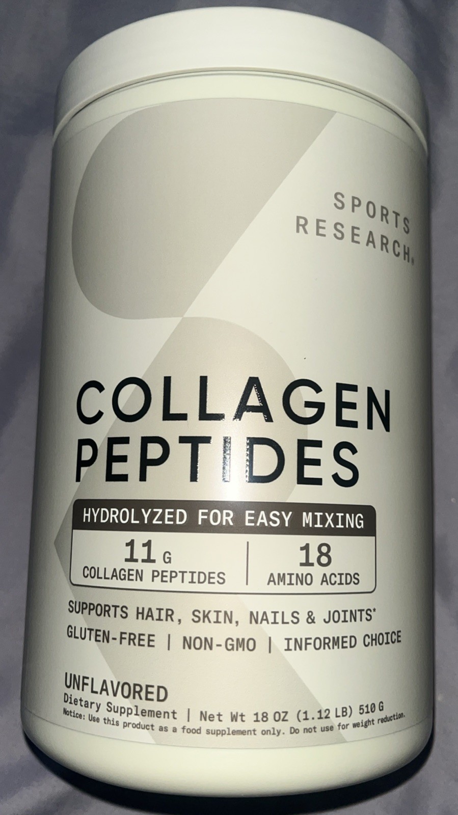 SPORTS RESEARCH HYDROLYZED COLLAGEN PEPTIDES GLUTEN FREE 18 OZ 1.12 LB 510 GRAMS