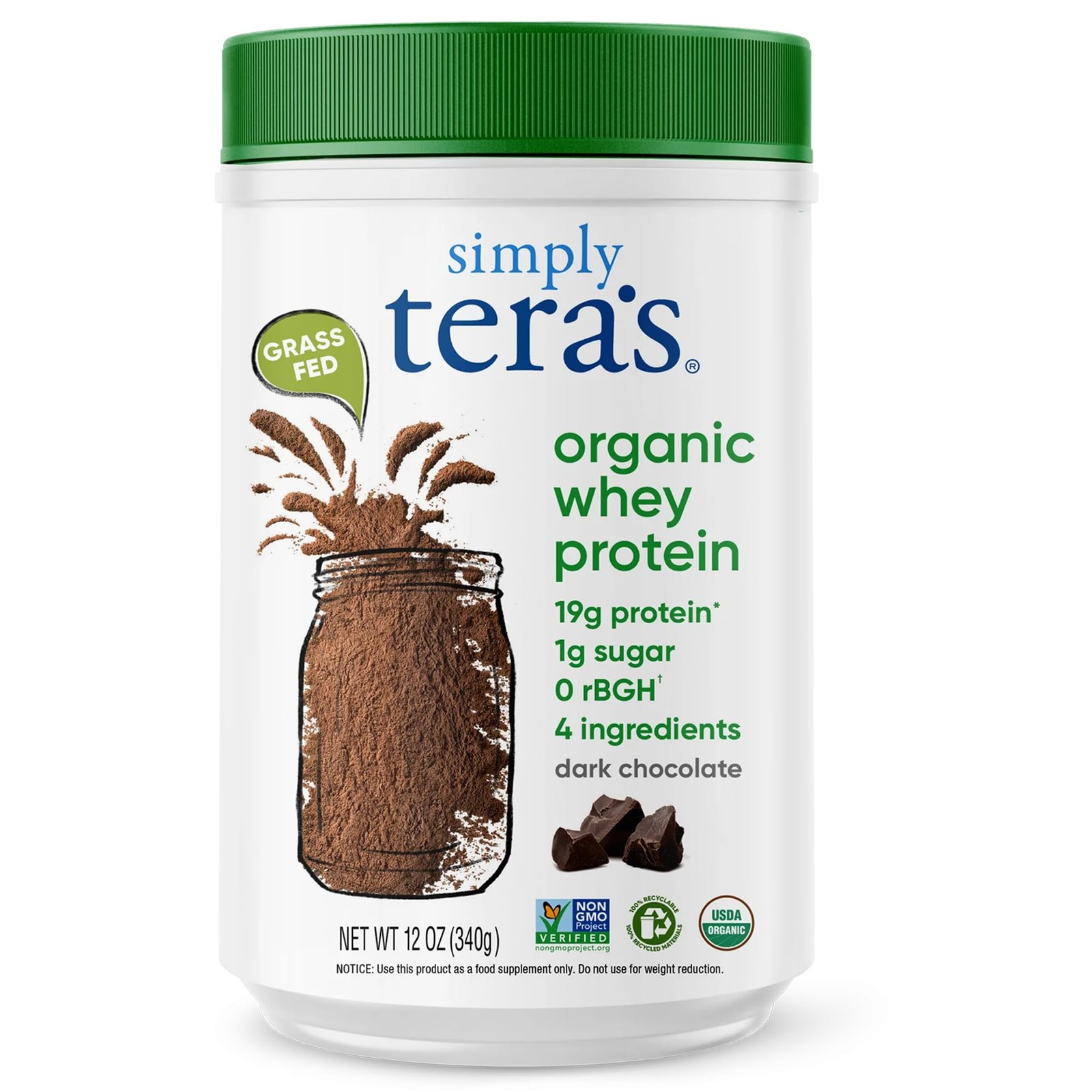 Simply Tera’s Organic Grass-Fed Whey Protein Powder, Dark Chocolate, 12 oz