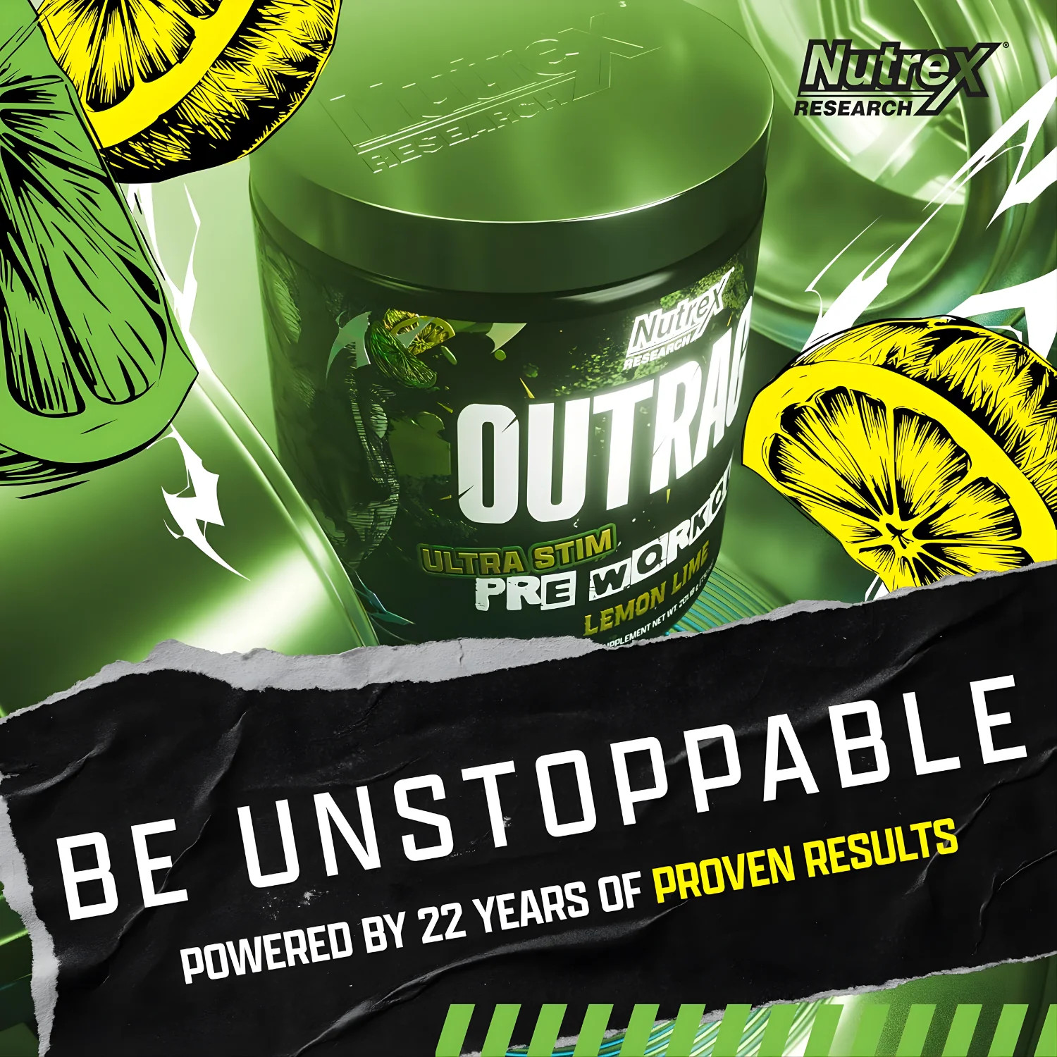 Nutrex Research OUTRAGE Lemon Lime High Intensity Pre Workout Powder 30 Servings
