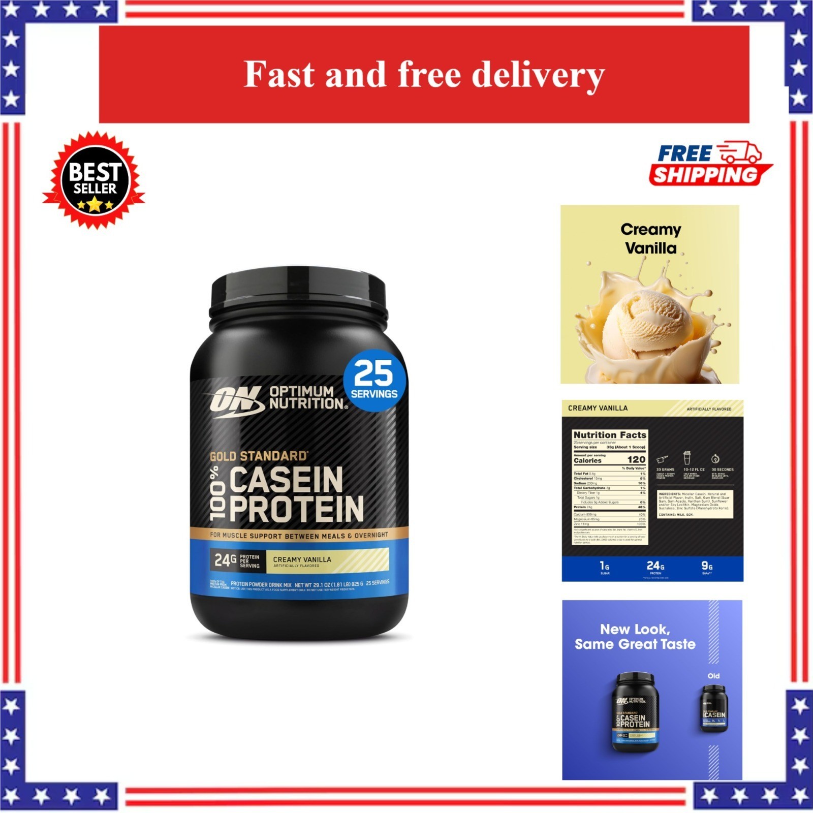 Optimum Nutrition Gold Standard Casein Protein Powder, Vanilla, 2 LB