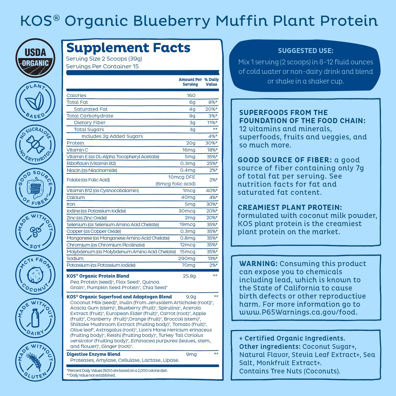 KOS Organic Plant Based Protein Powder – Blueberry Muffin Pea Superfood 15 Servi