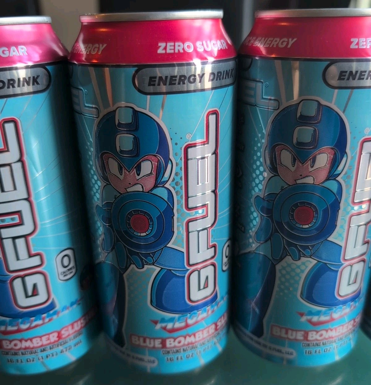 Limited Edition Megaman Blue Bomber Slushee GFuel Energy Drink Can 16oz 4 pack