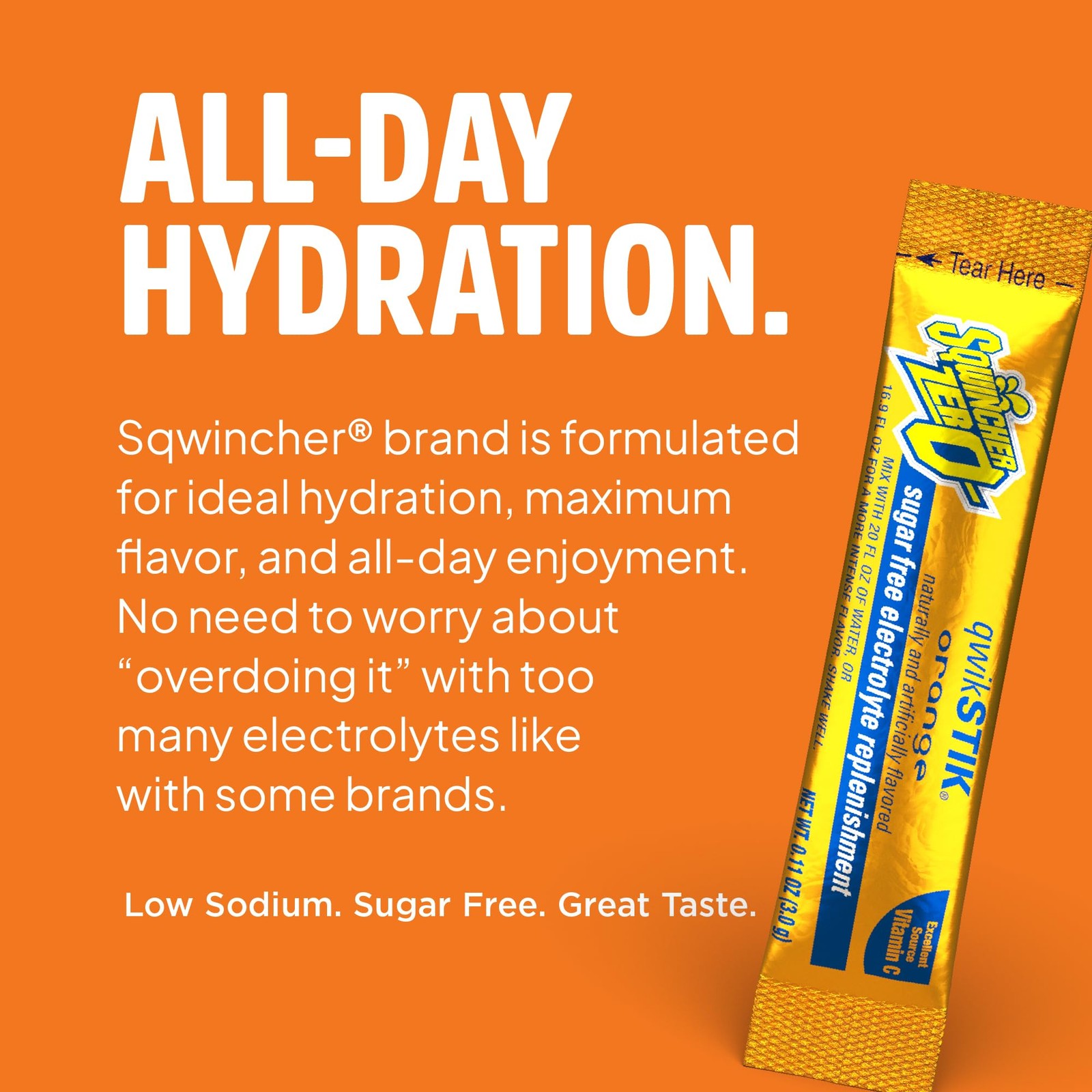 Sqwincher Zero Qwik Stik, Orange, Sugar Free, Low 0.11 Ounce (Pack of 50)