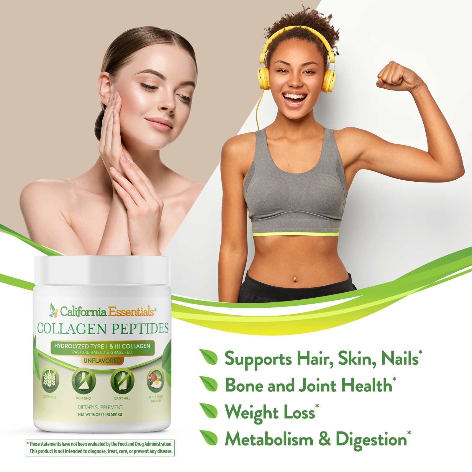 Collagen Peptides Powder Gluten Free Dairy Free – Unflavored – 2 Pack (16oz x 2)