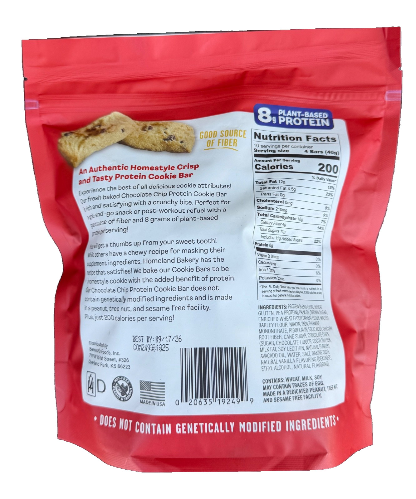 2-PACK Homeland Protein Cookie Bars Chocolate Chip 14.1 oz each bag