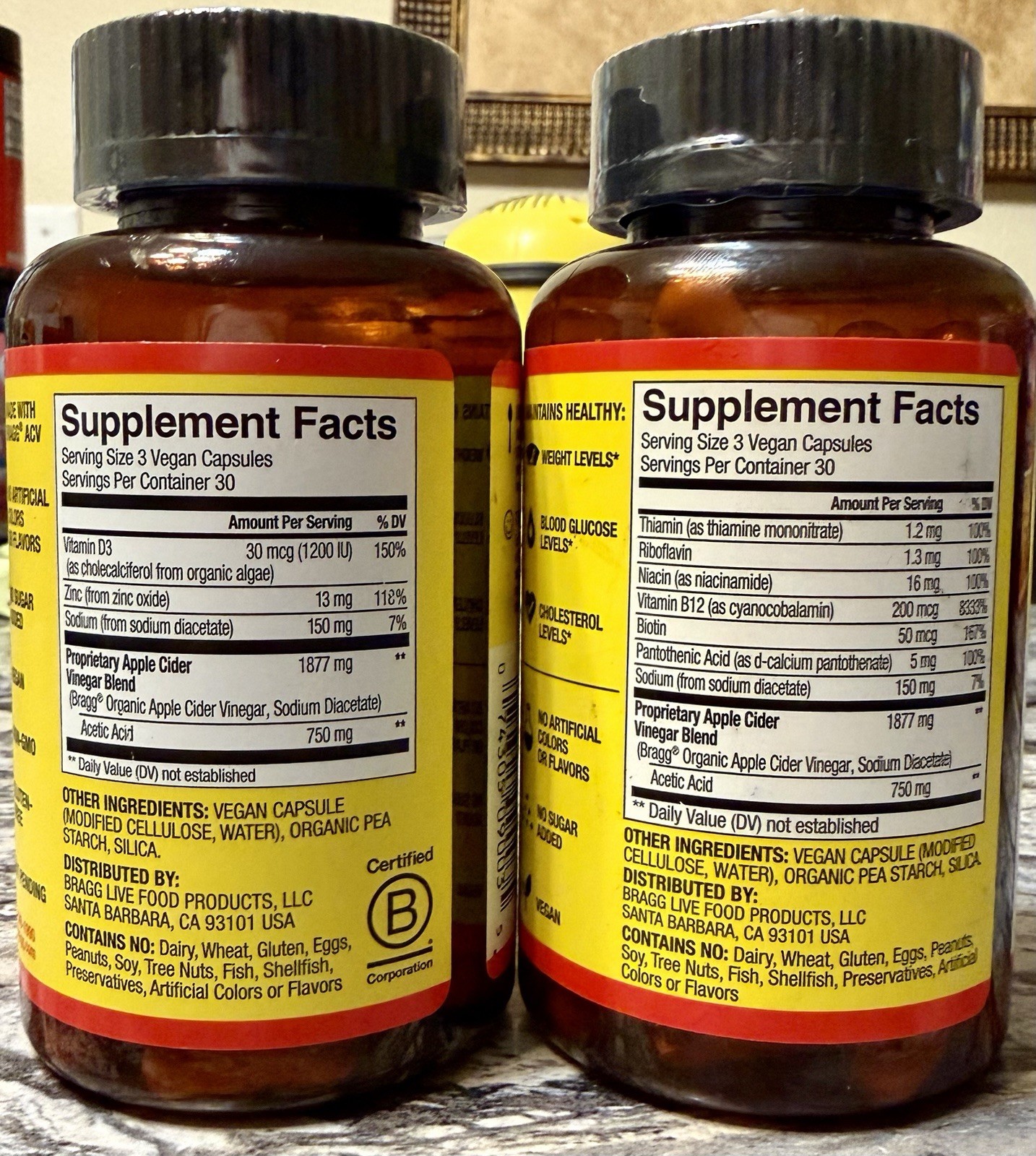 (2x) Bragg Organic Apple Cider Vinegar Capsules w/6 B Vitamin90ct Each FREE SHIP