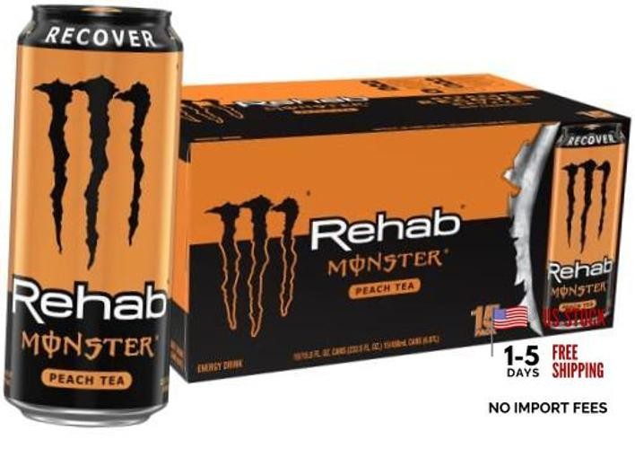 Rehab + Energy, Energy Drink, 15.5 Ounce | Energy Iced Tea, 15 Pack Peach Tea