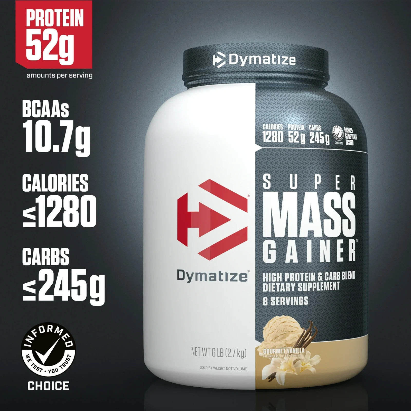 Dymatize Super Mass Gainer Protein Powder, 52g Protein, Gourmet Vanilla, 6 lbs