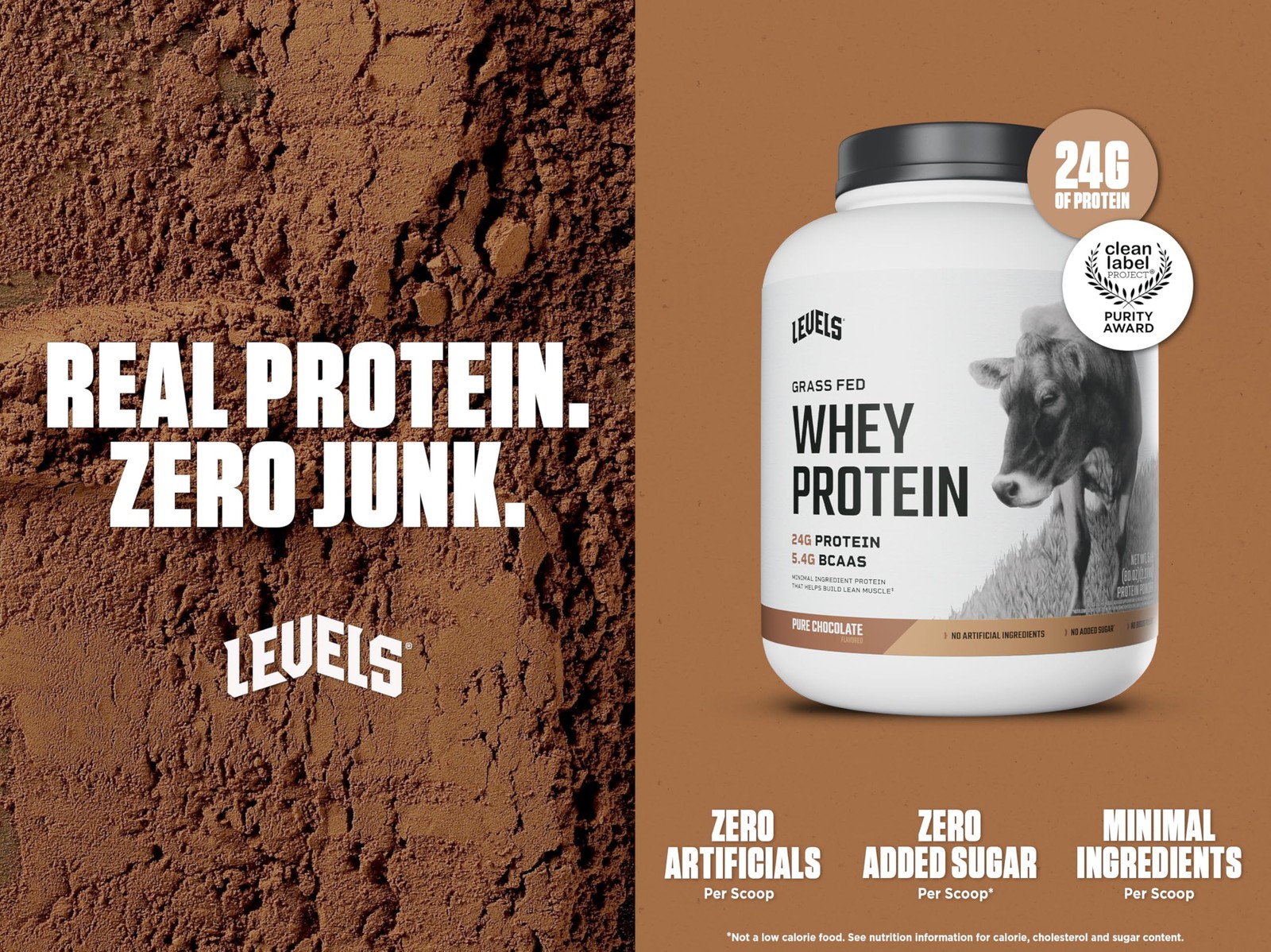 Grass Fed Whey Protein Powder 24G Protein Pure Chocolate 5LB