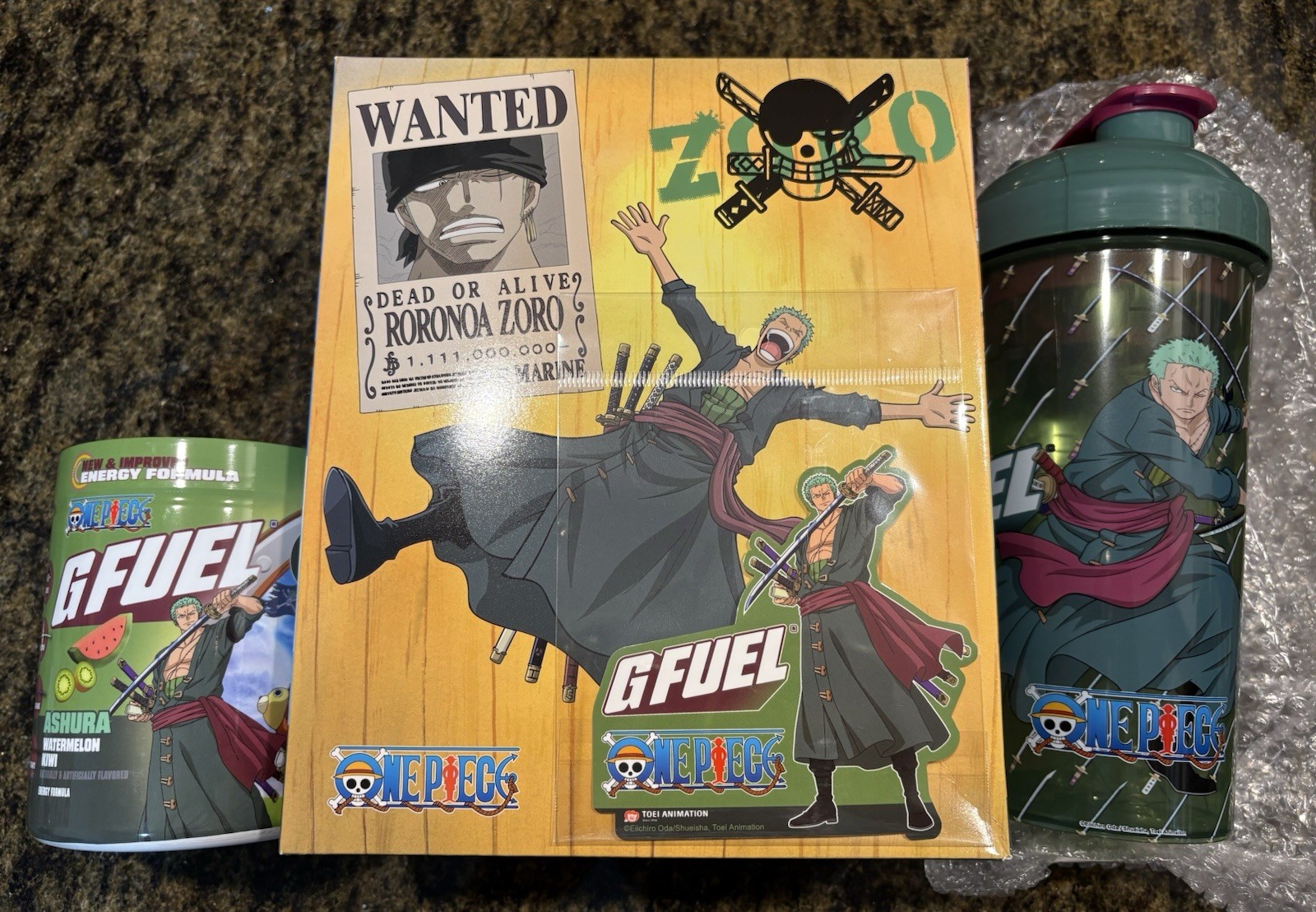 Gfuel x One Piece Zoro Ashura Collector’s Box – Shaker Cup Energy Powder Sticker