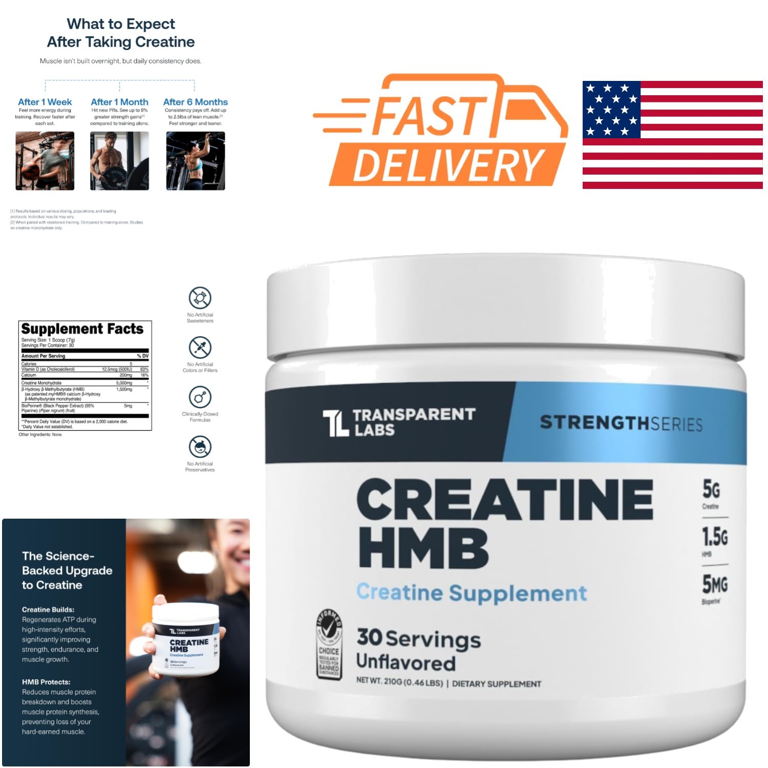 Unflavored Creatine Monohydrate Powder with HMB for Enhanced Energy 30 Servings