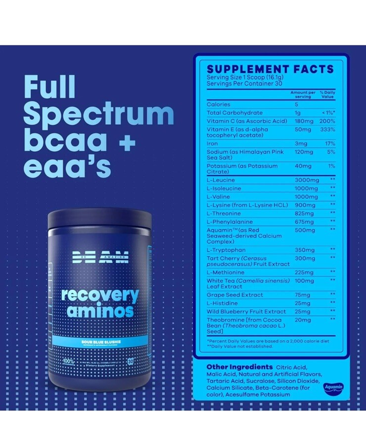 BEAM Recovery Aminos Powder BCAAs, EAAs Sour Blue Slushie – Sealed – Exp 11/24