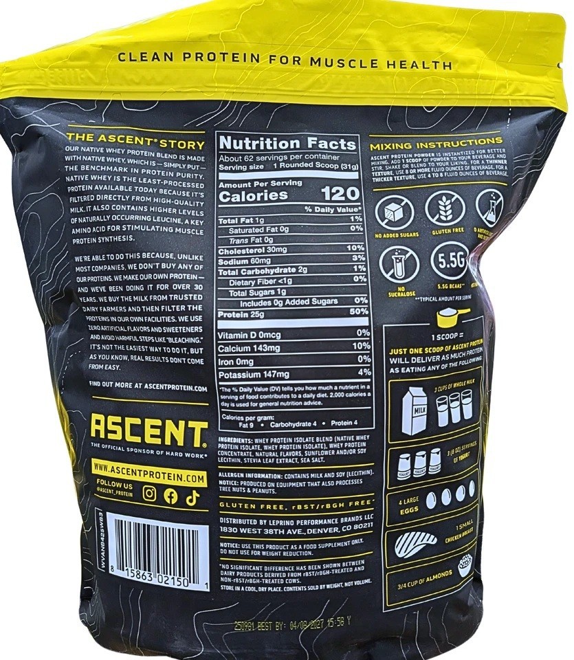 Ascent 100% Whey, Native Whey Protein Blend, Vanilla Bean (4.25 Pounds)