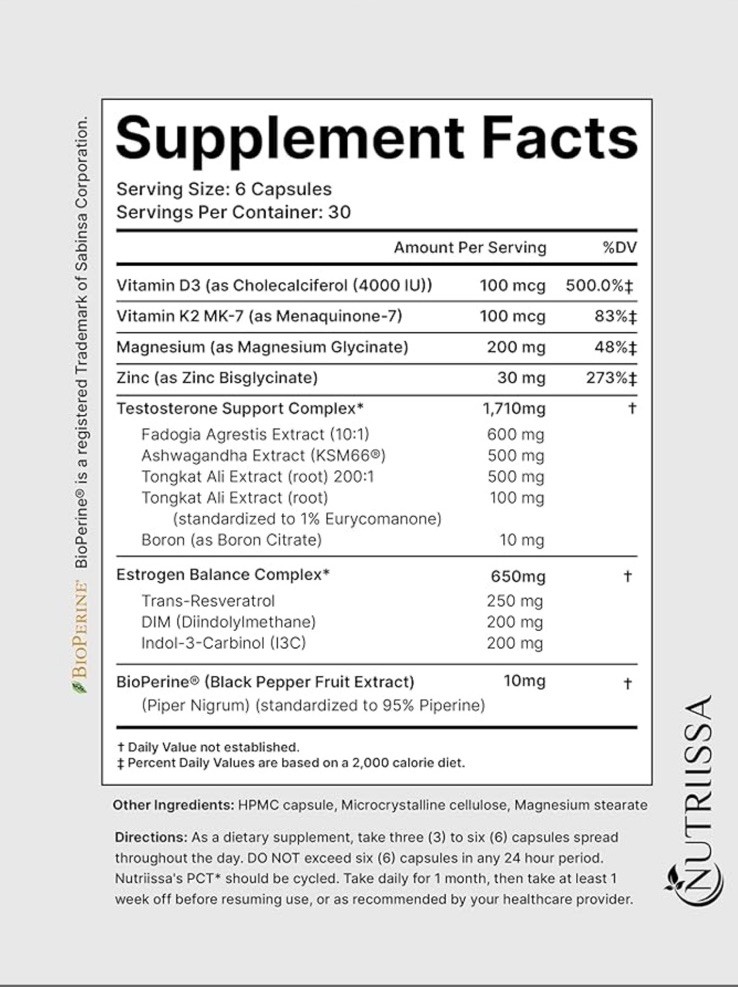 Nutriissa PCT Post Cycle Therapy Estrogen Control Testosterone Support, 180 Cap