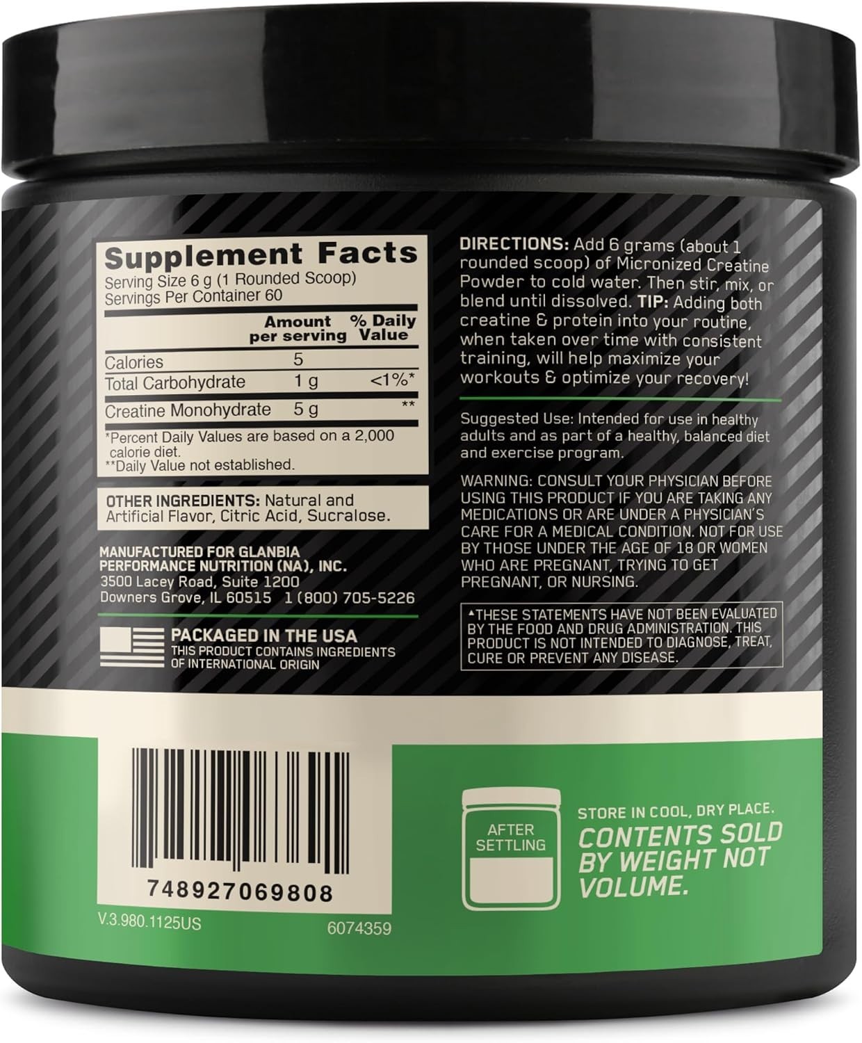 Micronized Creatine Monohydrate Powder, Blueberry Lemonade Flavor, 60 Servings