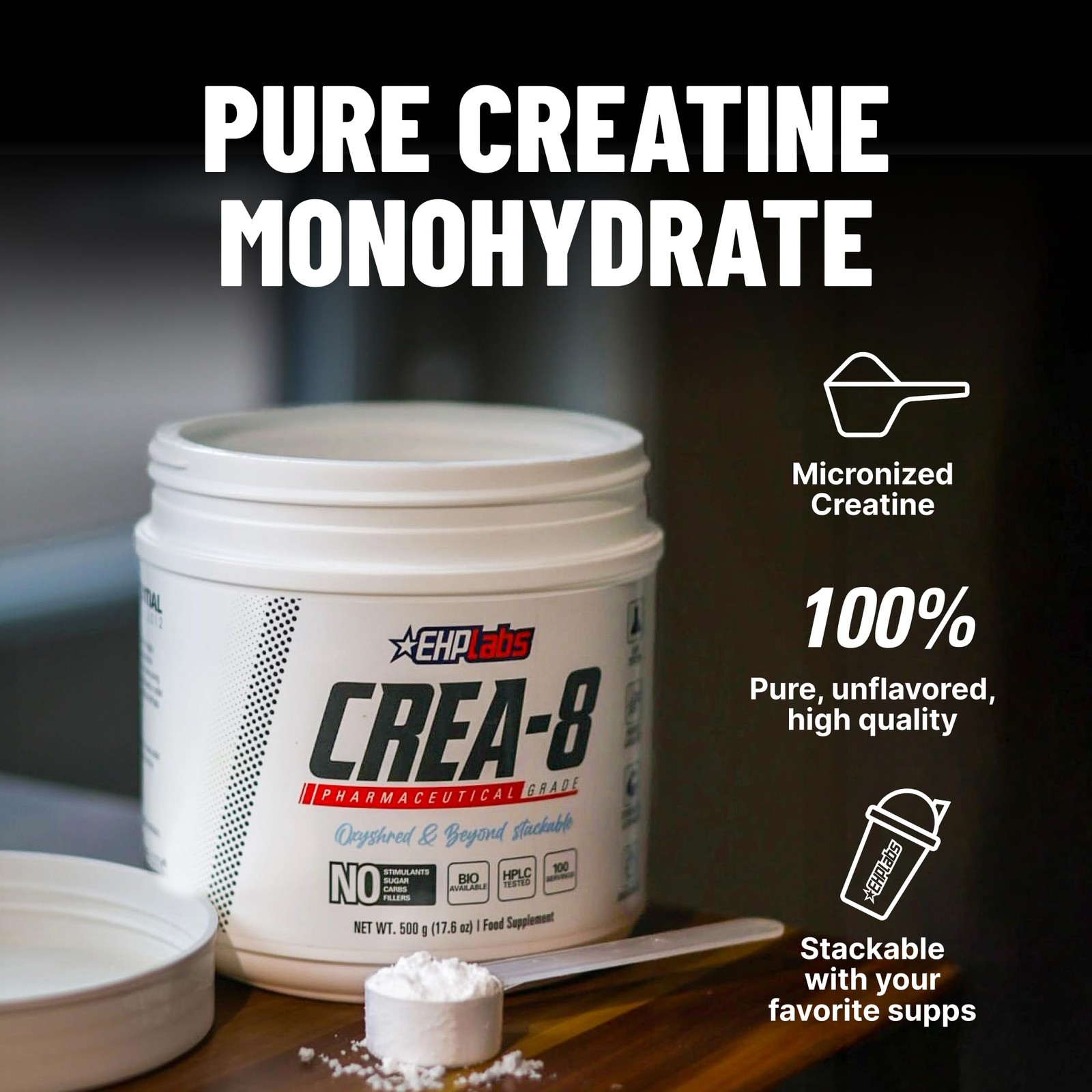 EHP Labs CREA-8 Micronized Creatine Monohydrate Powder – 100 Servings