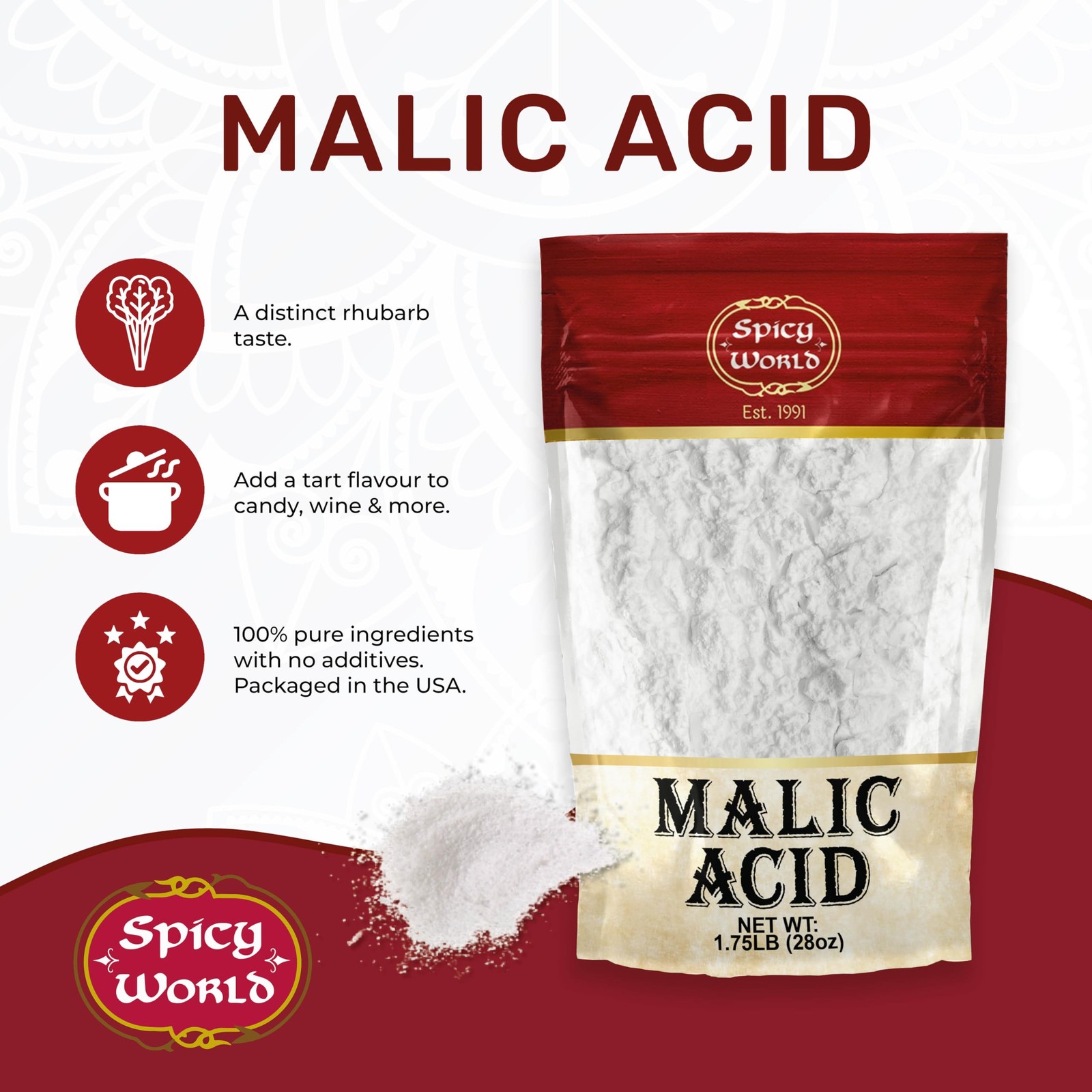 Spicy World Malic Acid Powder 1.75 LB (28oz) – Food Grade, Crystals, Tart Flavor