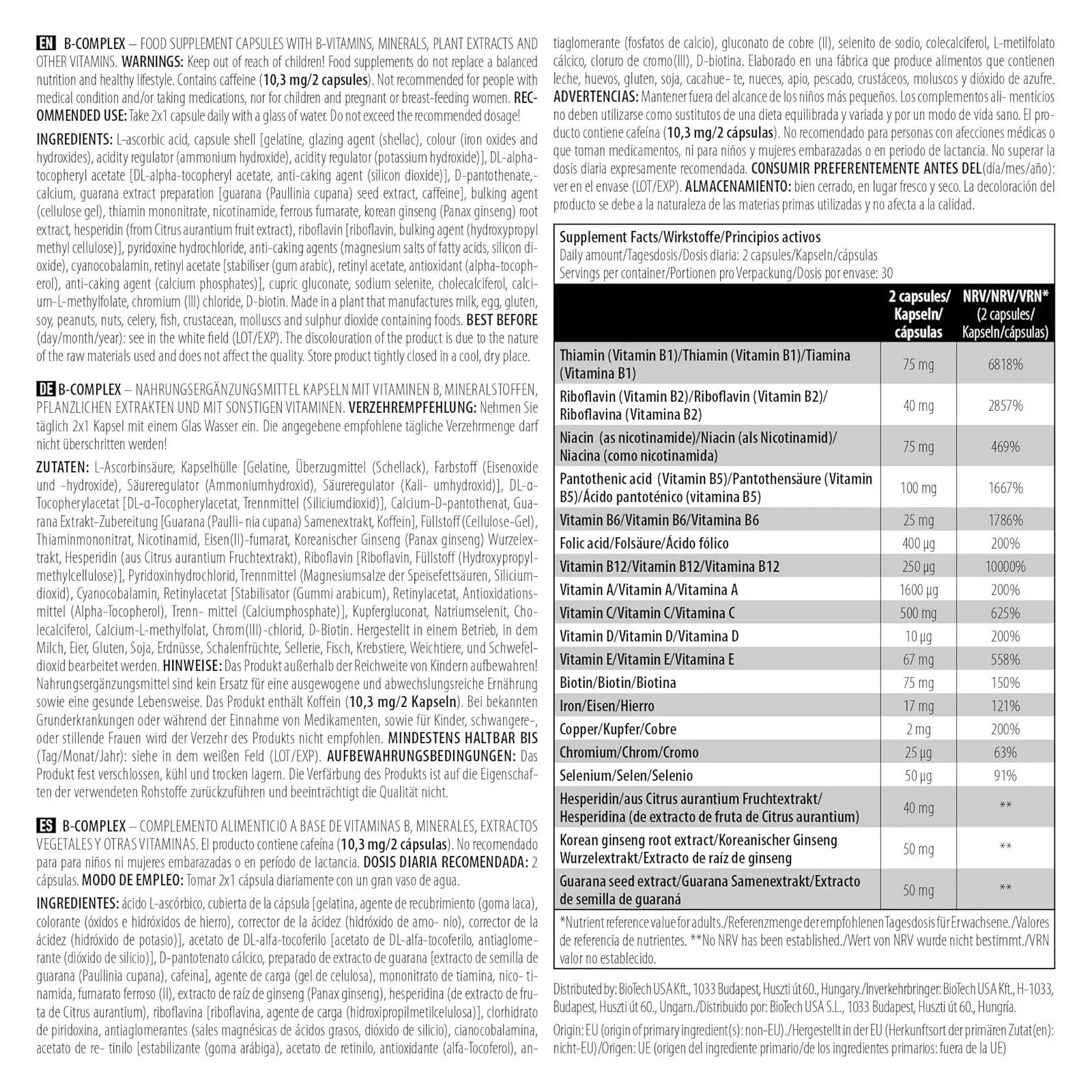 B-COMPLEX 60-240 capsules – 12 vitamins 4 minerals 3 herbs Gluten & Lactose-free