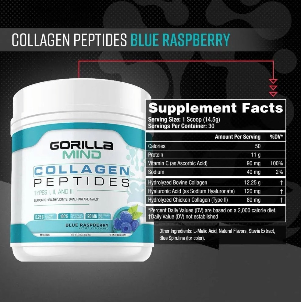 Gorilla Minds COLLAGEN PEPTIDES 1.5 lb (30 Serv) Na Blue Raspberry BEST BY 12/26
