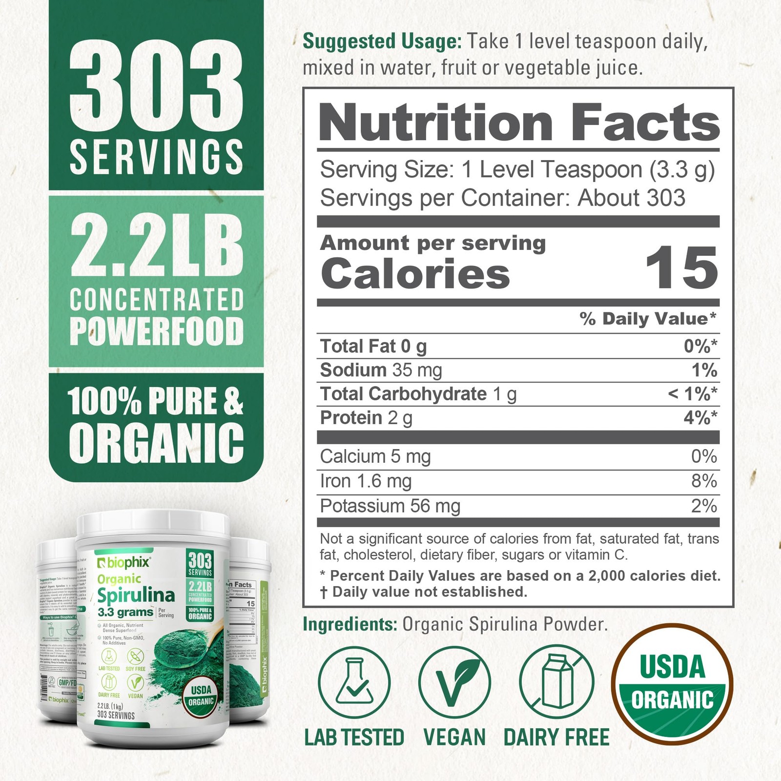 biophix Organic Spirulina Powder, 2.2 Lbs 100% Pure 35.2 Ounce (Pack of 1)