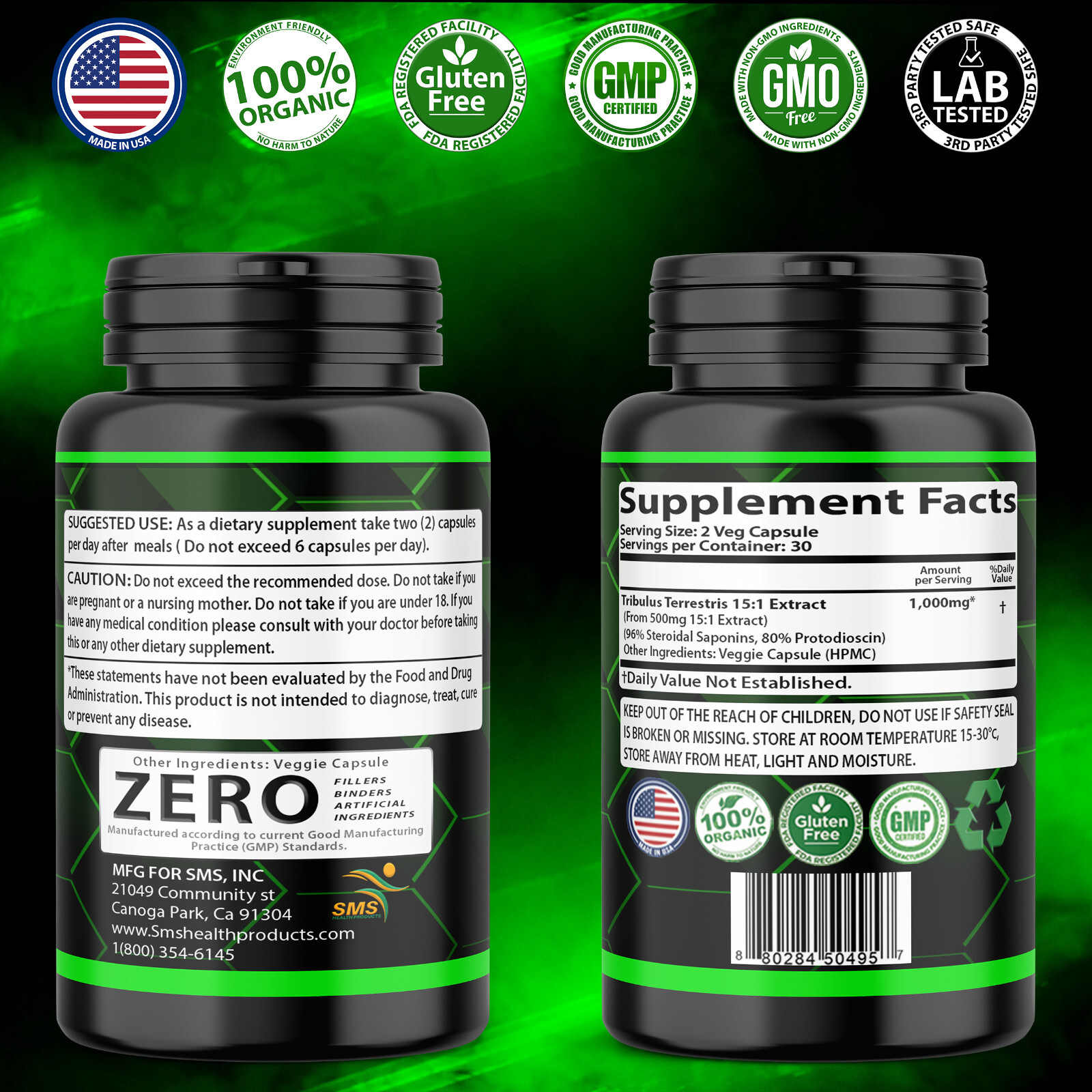 TRIBULUS TERRESTRIS 180 Caps 96% SAPONINS 7500mg Organic Fitness Supplement