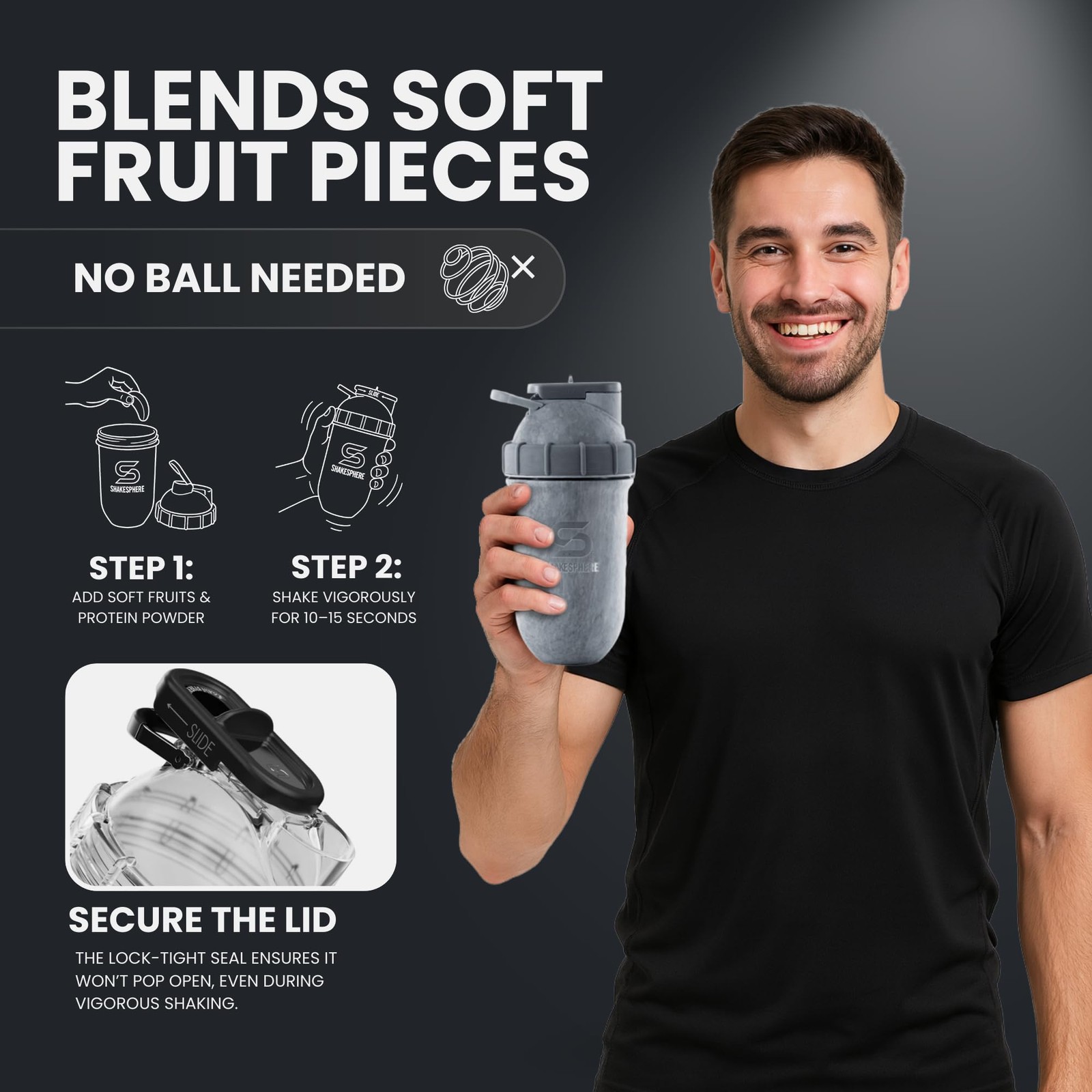 Shakesphere Stainless Steel Shaker Bottle – 24Oz Insulated Protein Shaker