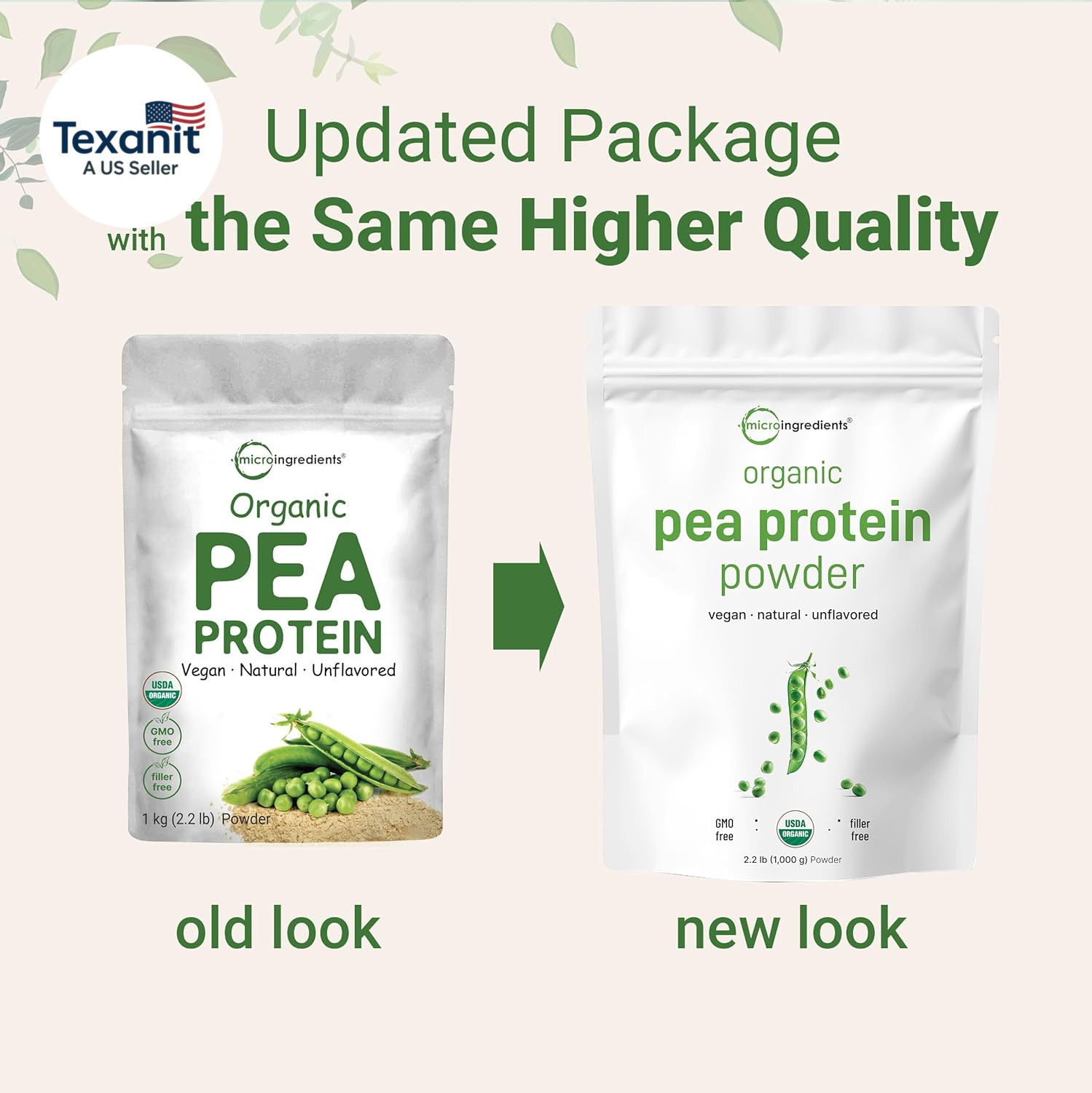 North America Grown, Organic Pea Protein Powder, 1KG (2.2 Pounds) | Plant-Based