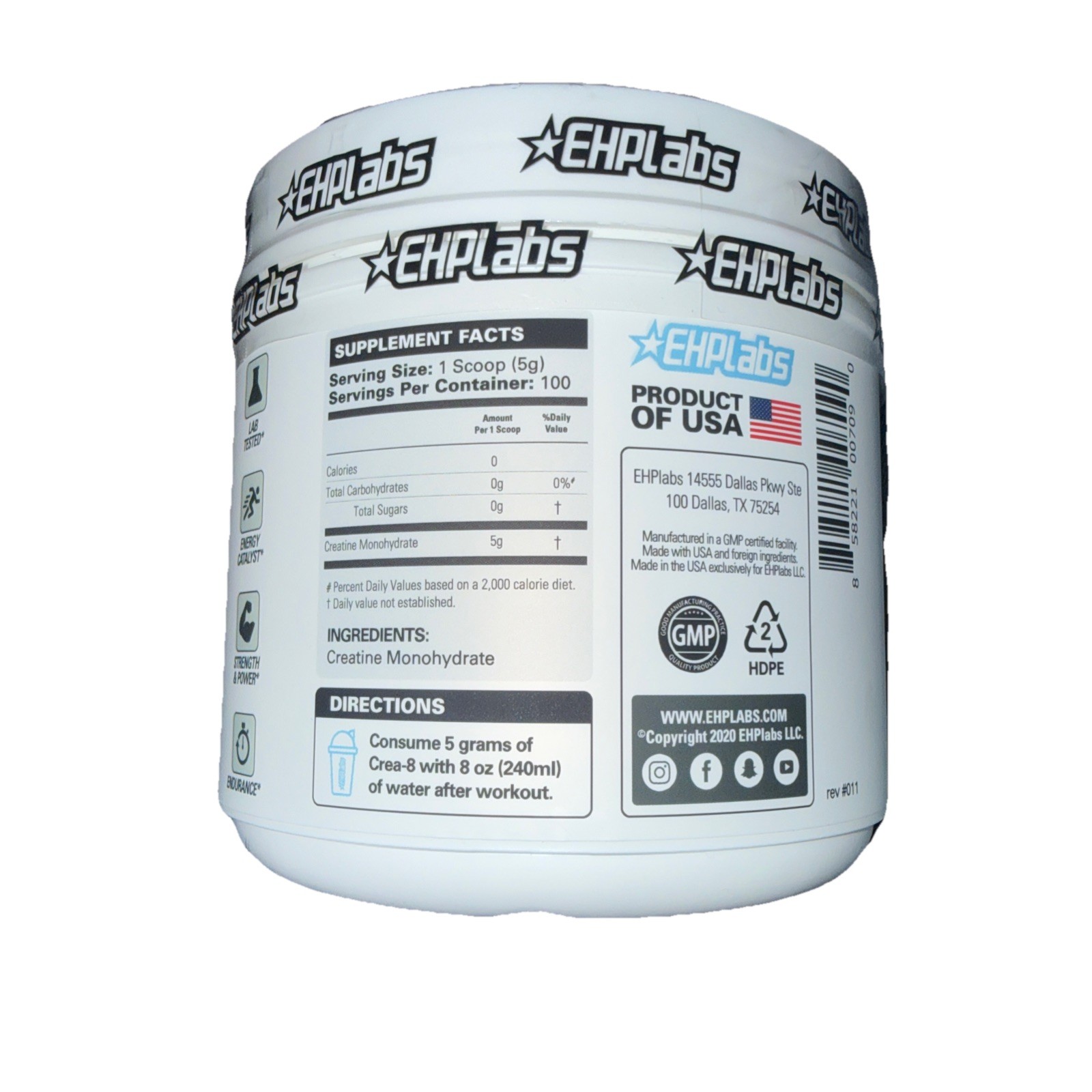EHPLABS CREA-8 Micronized Creatine Monohydrate Powder Unflavored 500g EXP 2027