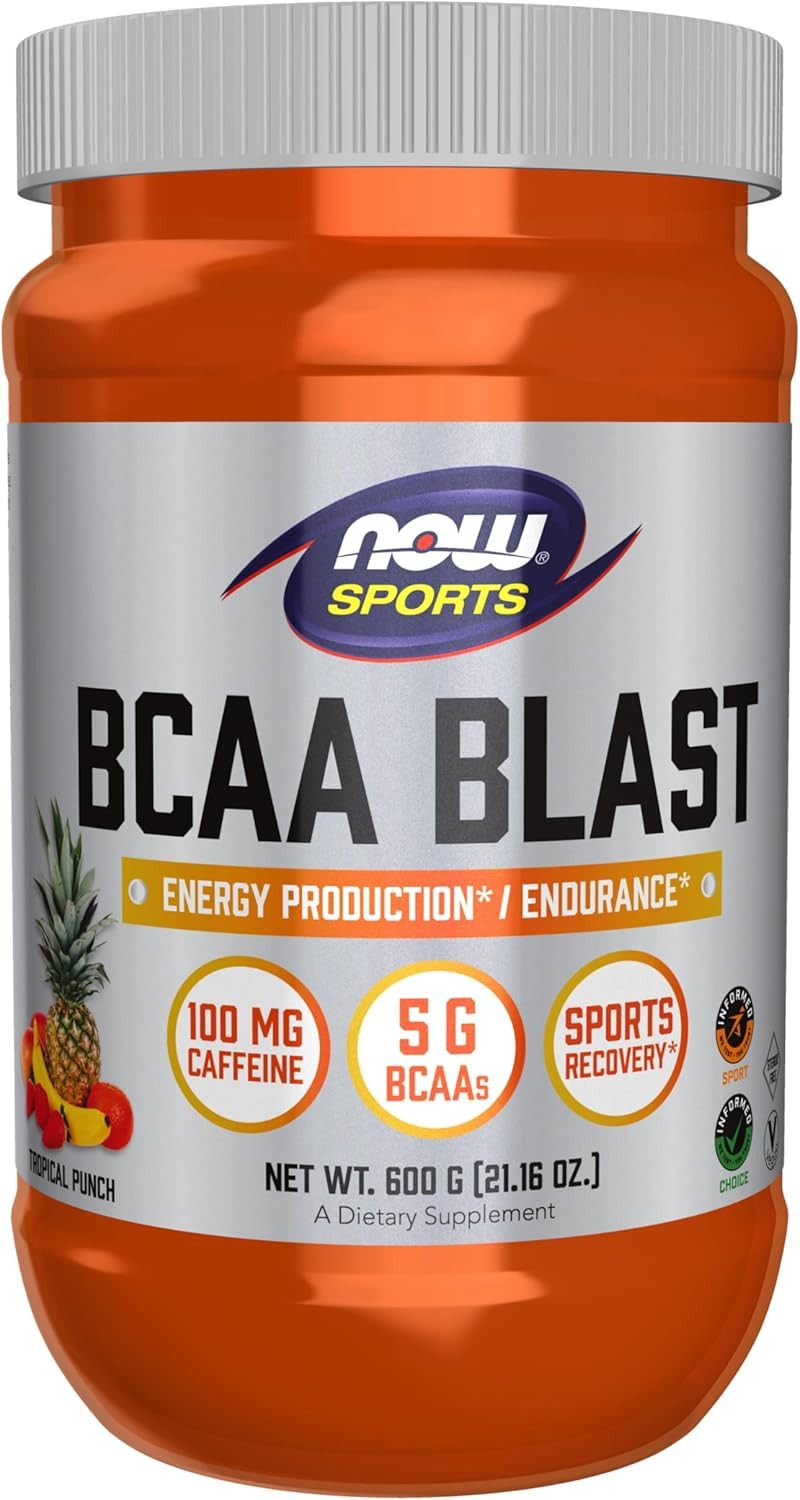NOW Sports BCAA Blast Powder, 5 G BCAA, 100 Mg Caffeine, Tropical Punch, 21.16oz