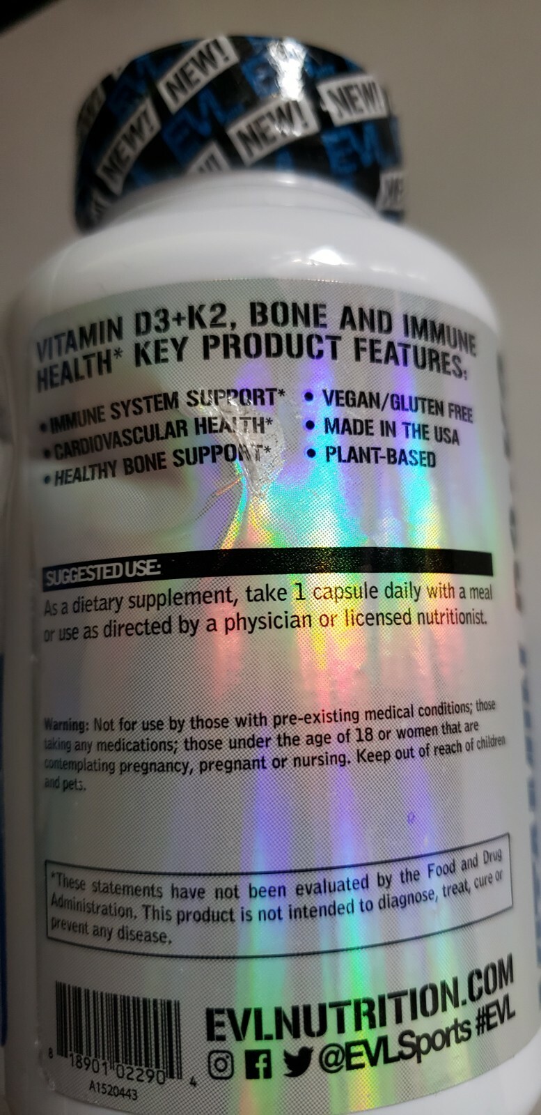 Evlution Nutrition – Vitamin D3+K2 – 60 Veg Caps – Cardio/Bone Support – 12/2026