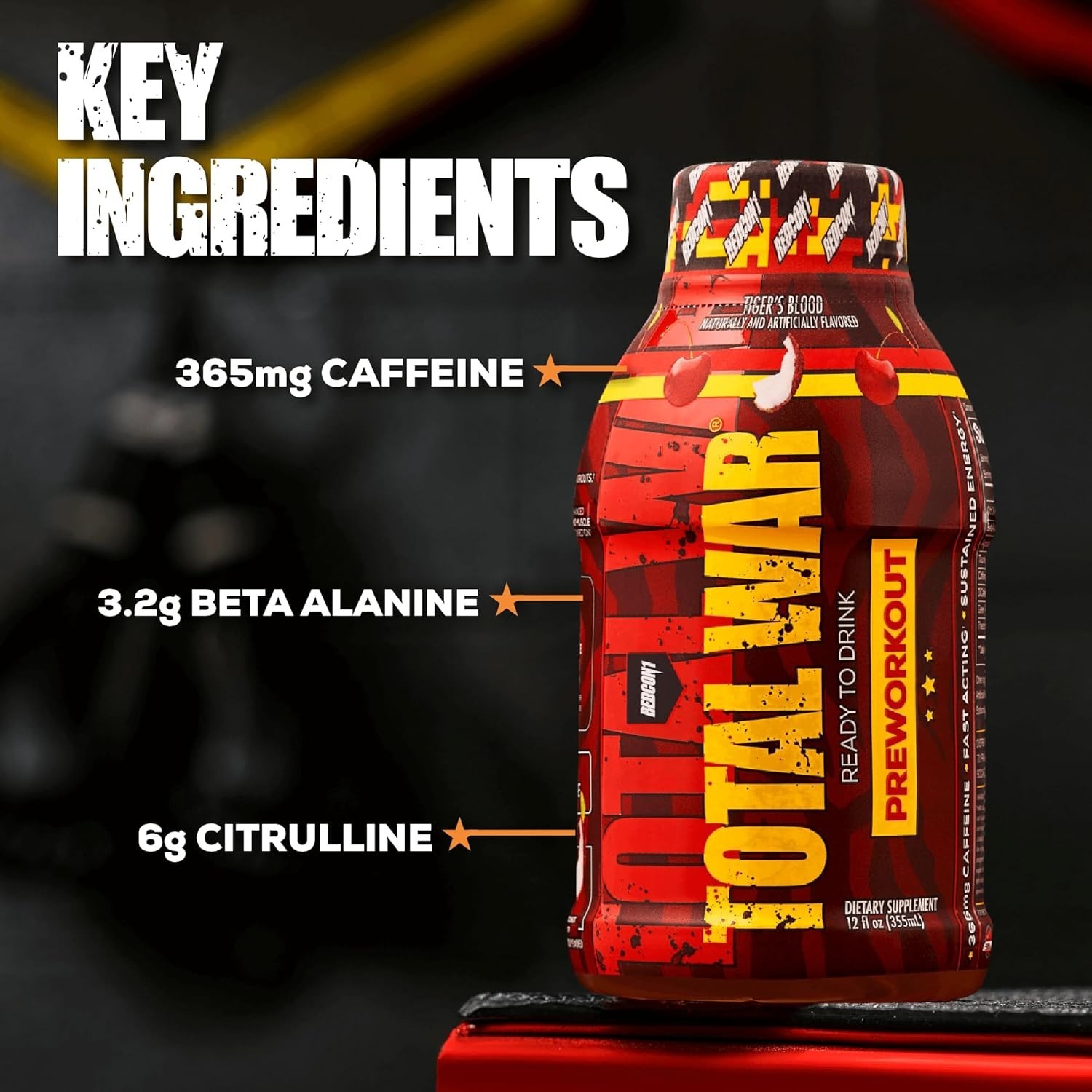 REDCON1 Total War Pre Workout Energy 300mg Caffeine Shots Watermelon 12 PACK