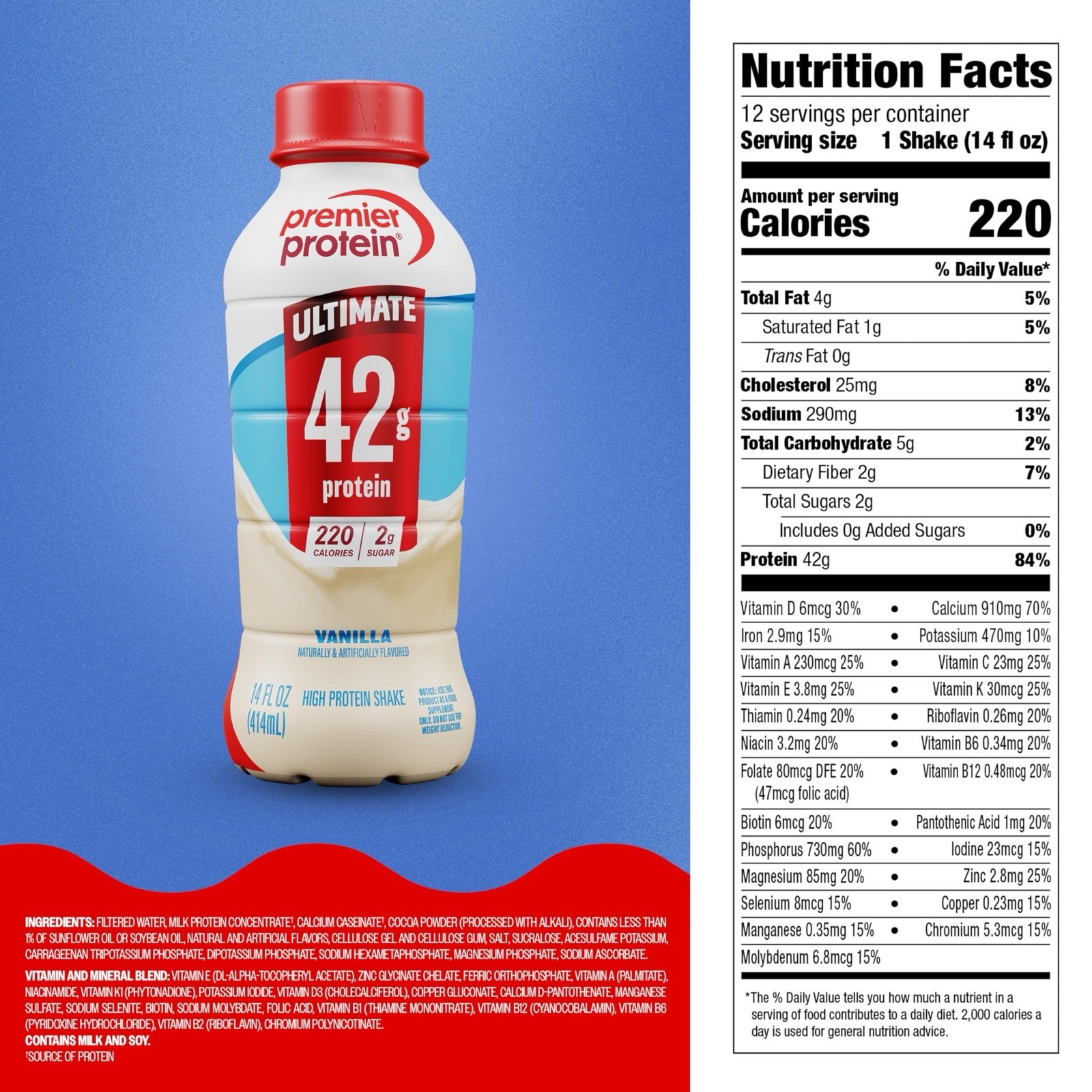 Premier Protein ULTIMATE 42g Protein Shake, Vanilla 🍨 14 Fl Oz, 4 Pack