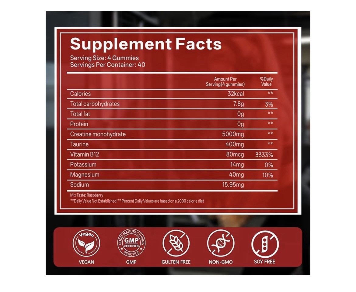 Creatine Gummies 5000mg Monohydrate 160 Count NSF Certified Raspberry B12