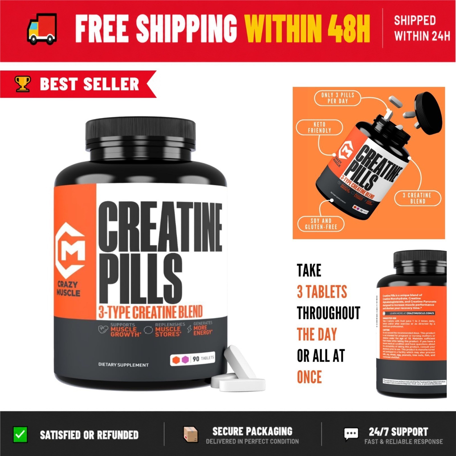 Crazy Muscle Creatine Pills 5g Monohydrate Pre Workout Muscle Gainer