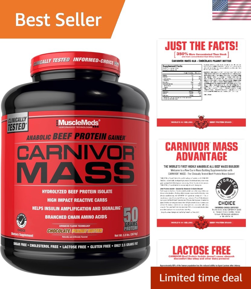 CARNIVOR Mass Gainer 6 lb – 50g Beef Protein Isolate, 125g Carbs, Lactose Free