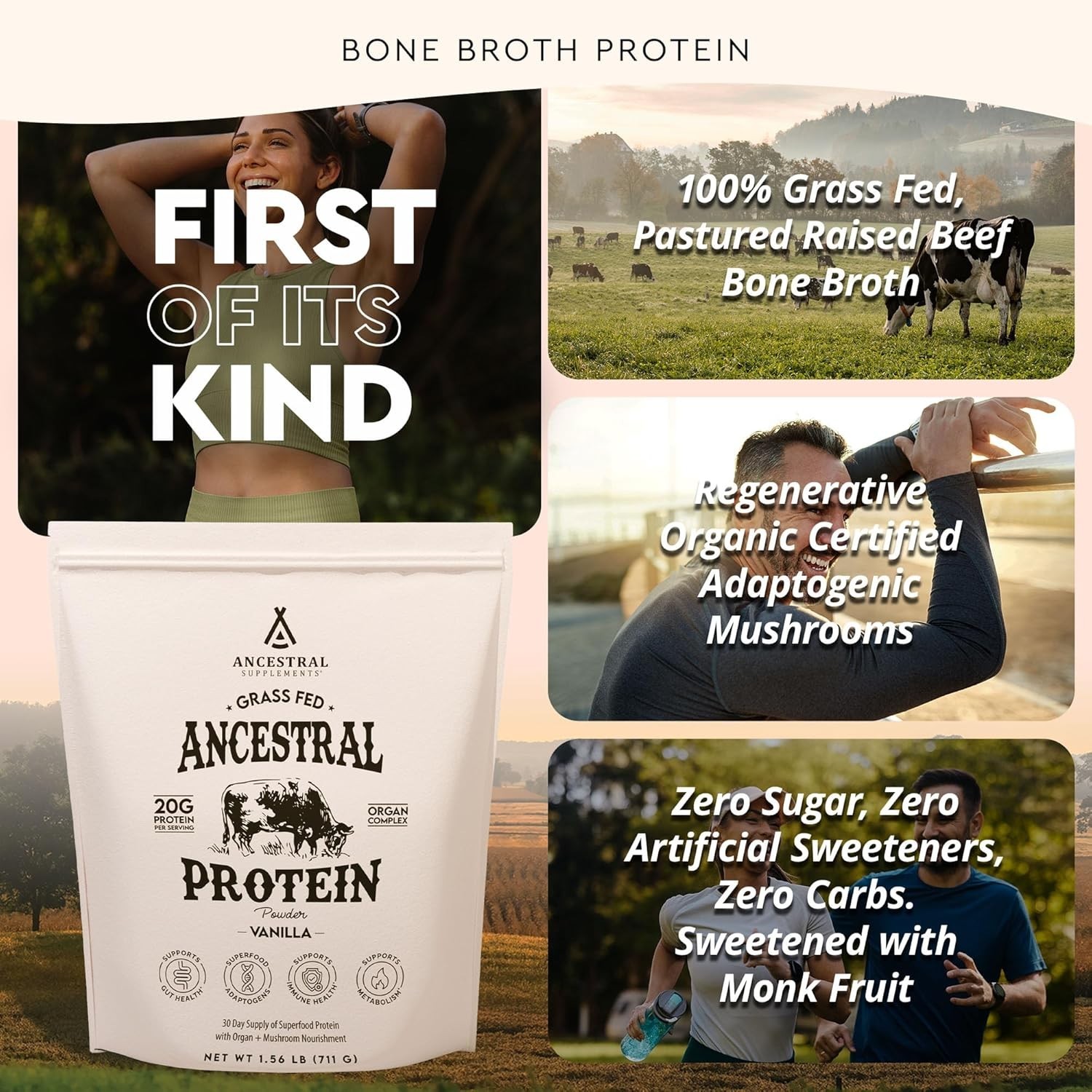 Ancestral Supplements Grass Fed Beef Bone Broth Protein Powder Vanilla 30 Serv