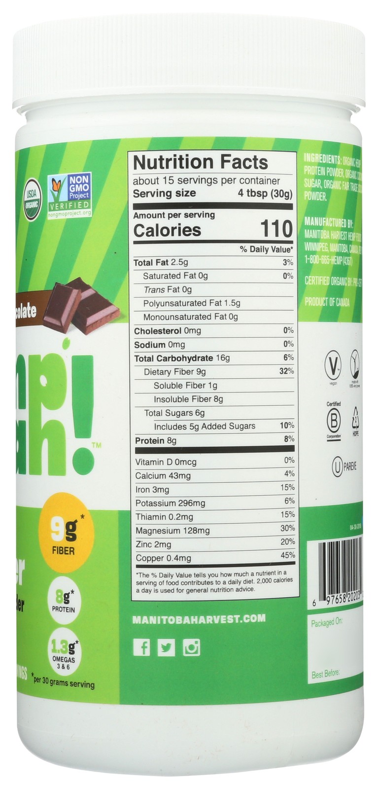 Manitoba Harvest Max Fiber Hemp Protein Powder Chocolate 16 Oz 1 Lb 1L 1 Pack
