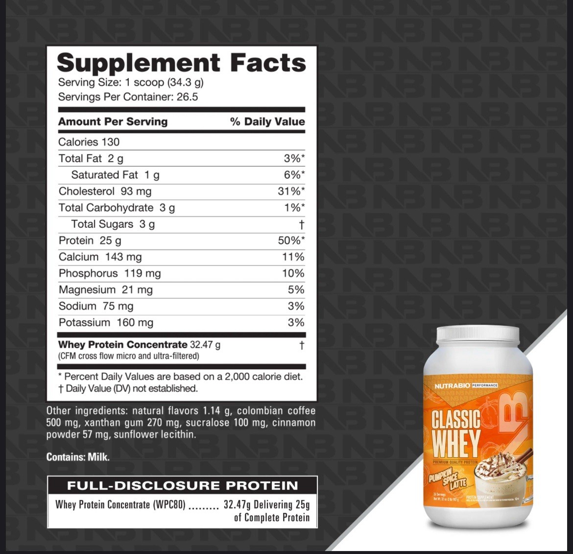 NutraBio Classic Whey Protein Powder Pumpkin Spice Latte 907g WPC80 Gluten-Free