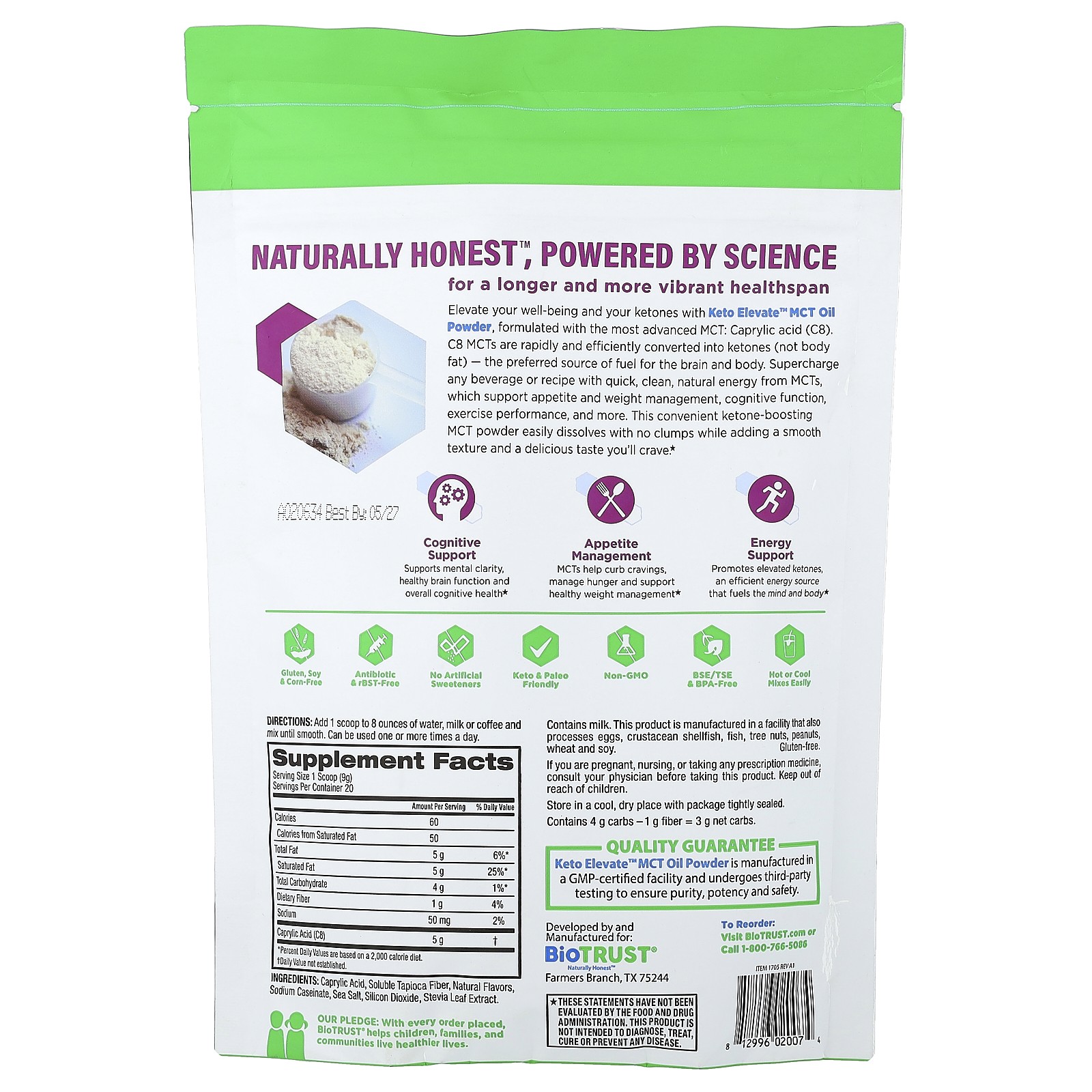 Keto Elevate, C8 MCT Oil Powder, French Vanilla, 6.3 oz (181 g)