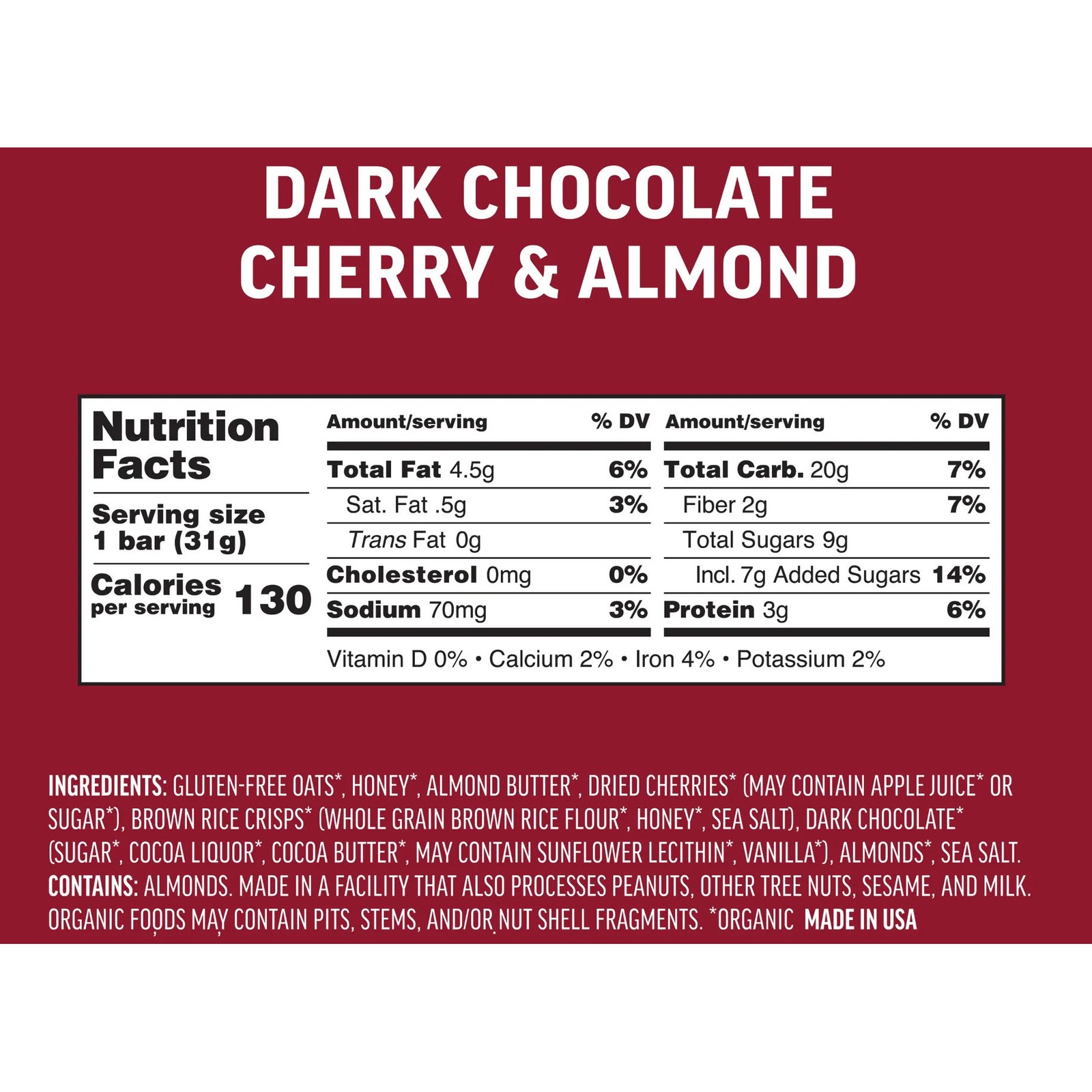 Kate’s Real Food Mini Bar 1.1oz – Gluten-Free, Non-GMO Dark Chocolate Cherry