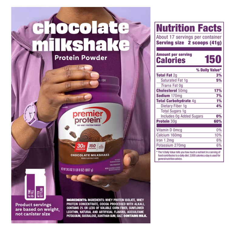 Premier Protein 100% Whey Protein Powder, Chocolate Milkshake, 30g Protein, 24.5